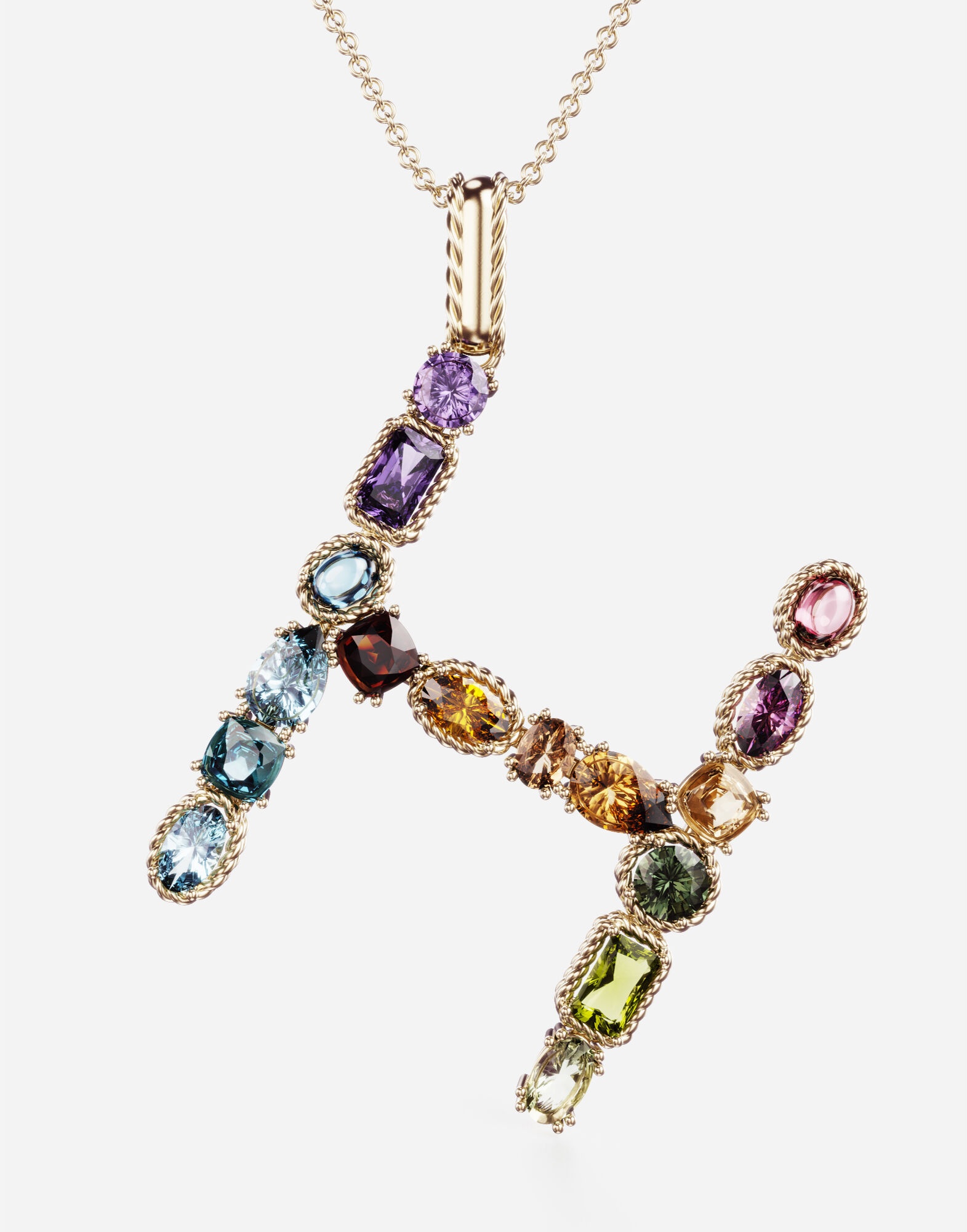 Rainbow alphabet H pendant in yellow gold with multicolor fine gems - 2