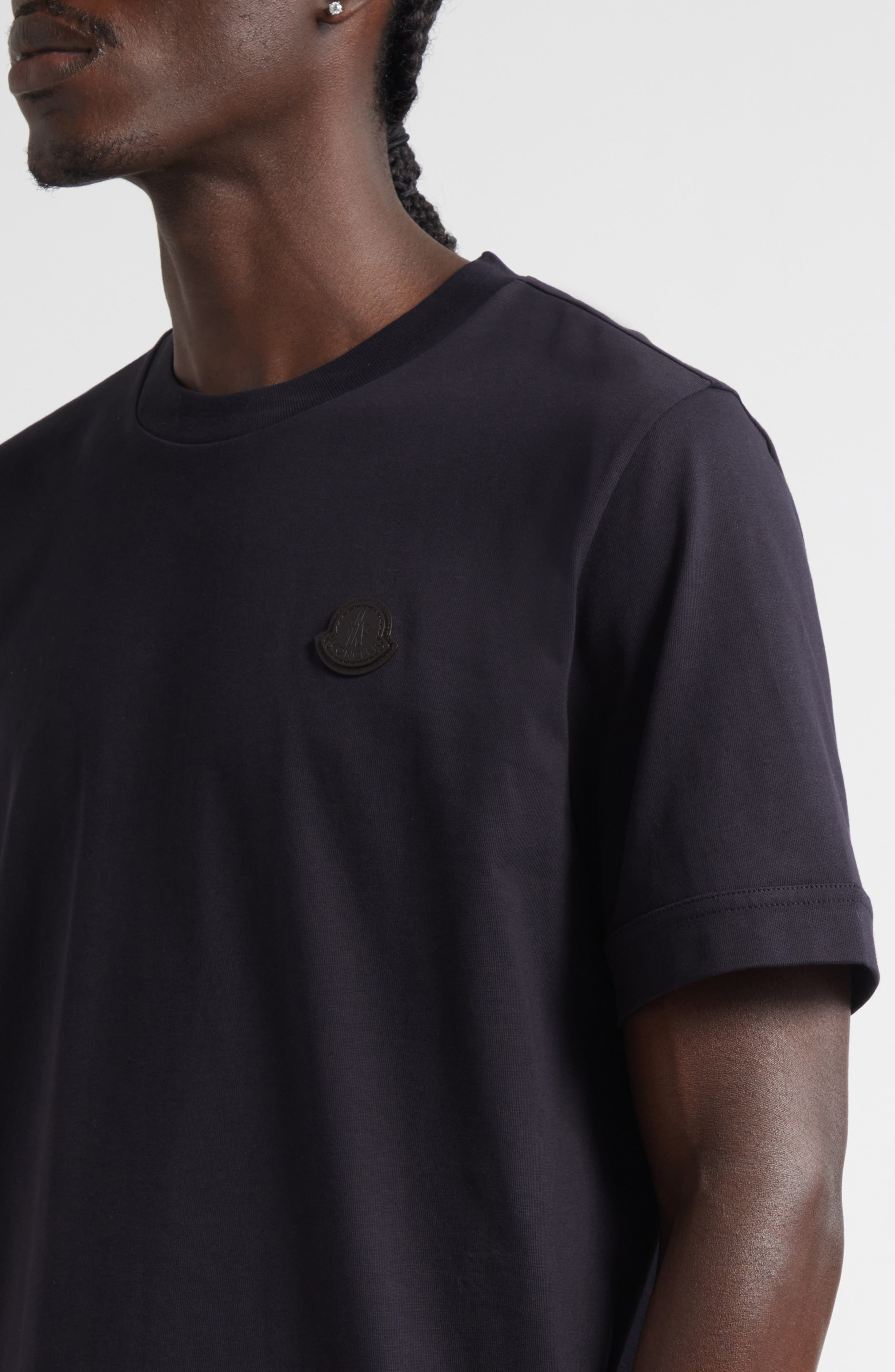 Moncler Leather Logo Patch Cotton T-Shirt in Dark Navy Blue at Nordstrom - 4