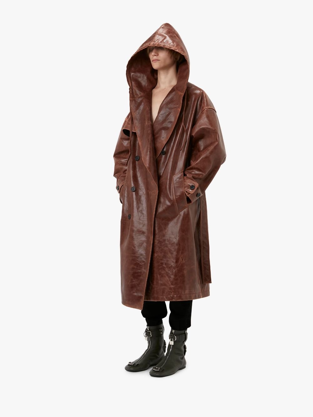 HOODED LEATHER TRENCH COAT - 4