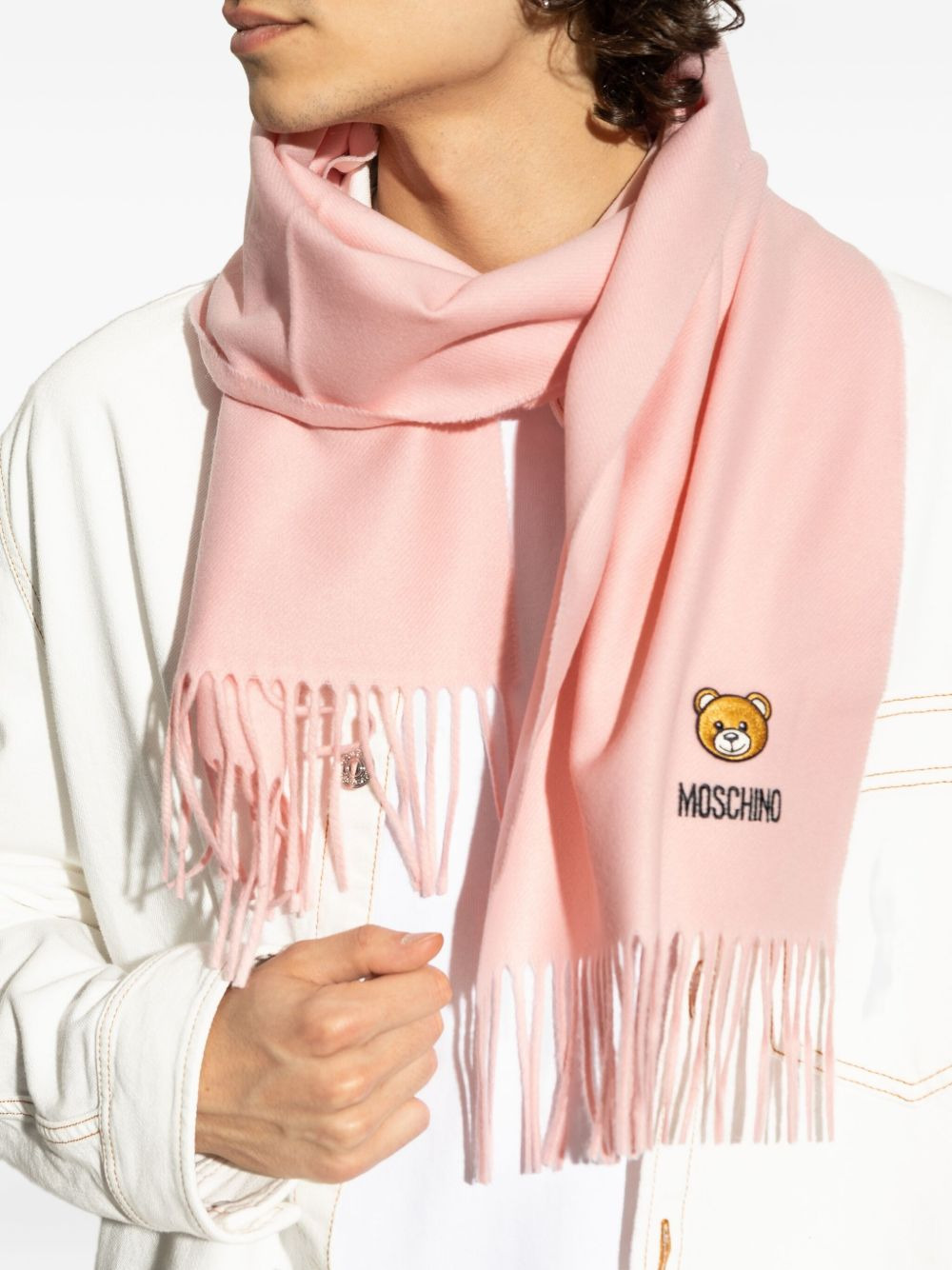 teddy bear-embroidered fringed scarf - 3