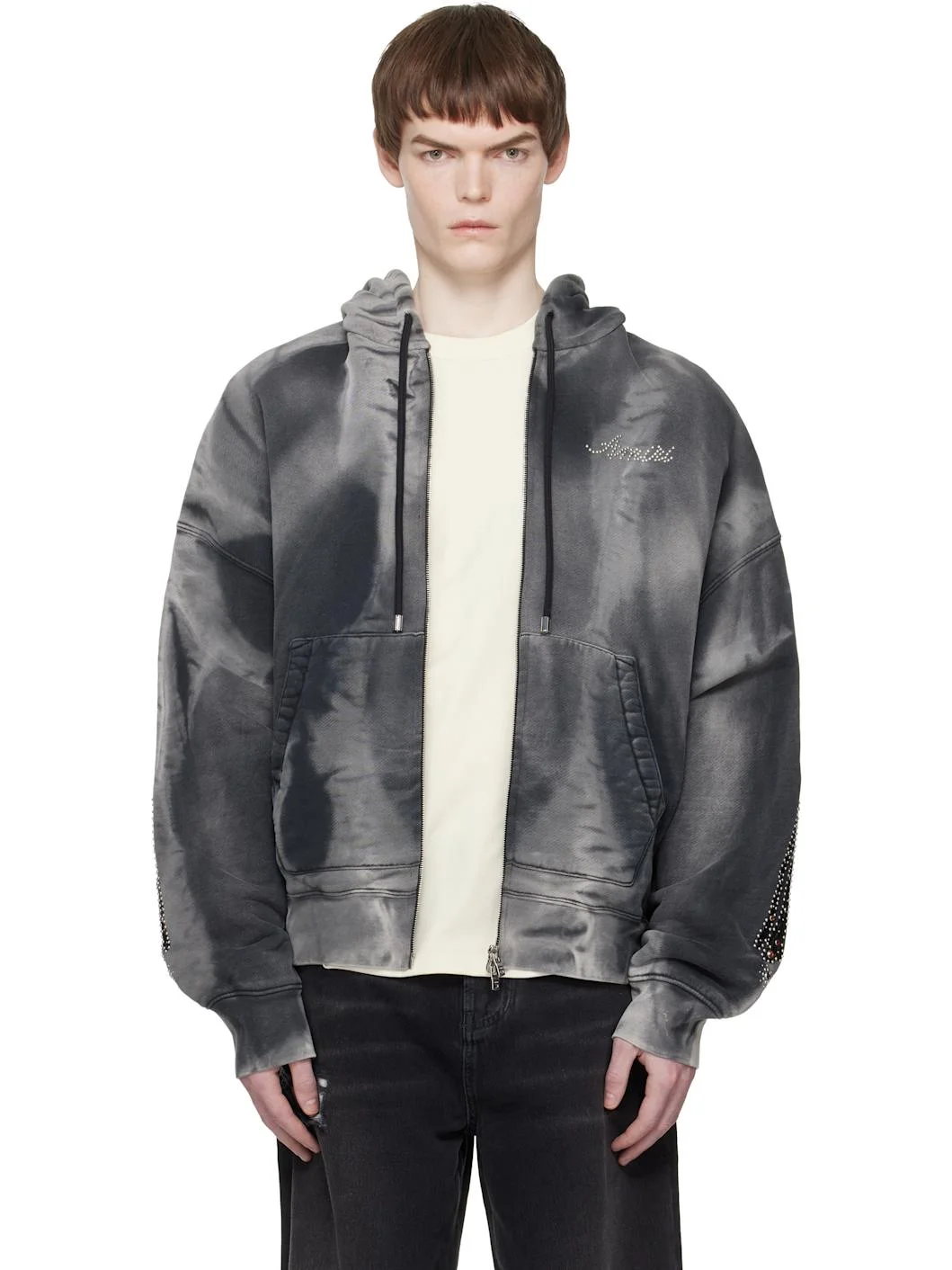 Gray Bones Studded Oversized Zip Hoodie - 1