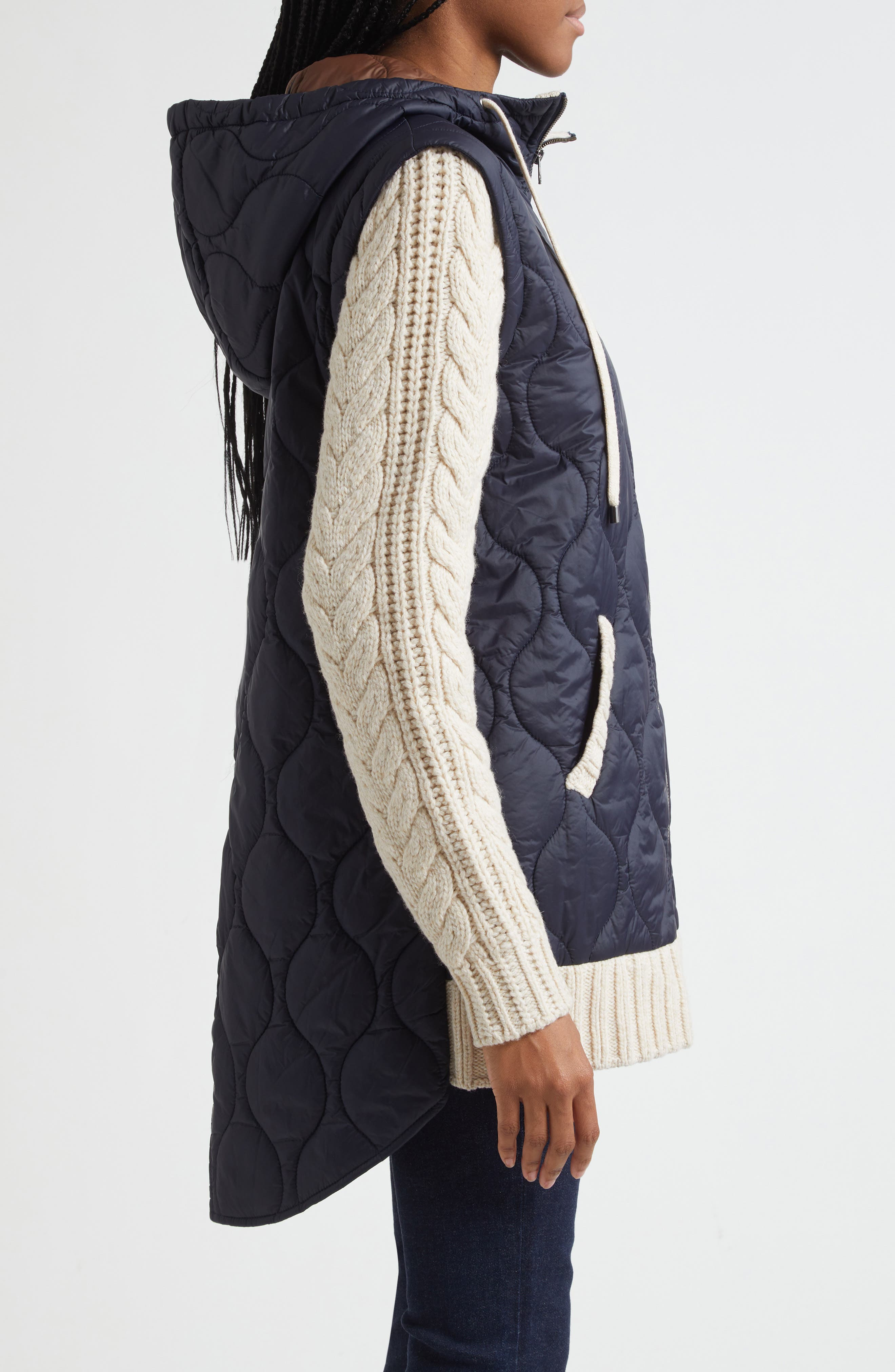 Veronica Beard Barrows Mixed Media Hooded Zip-Up Jacket in Navy Heathered Sand at Nordstrom - 4