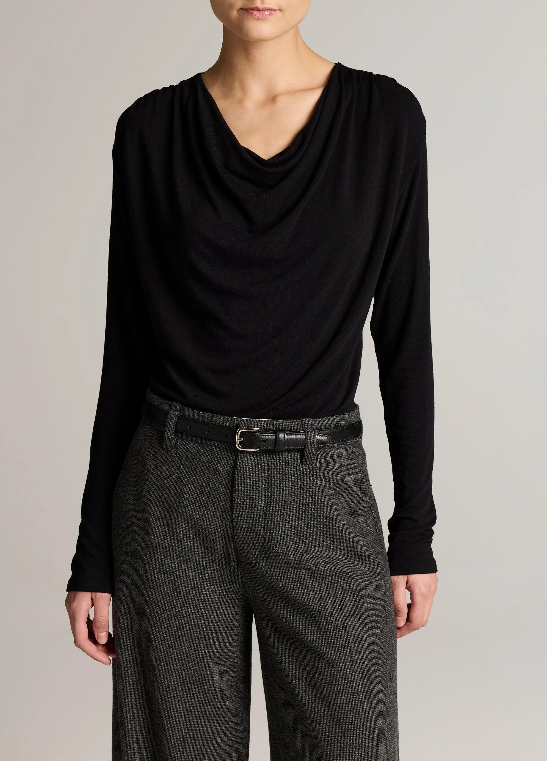 Jersey Draped Cowl-Neck Long-Sleeve Top - 1