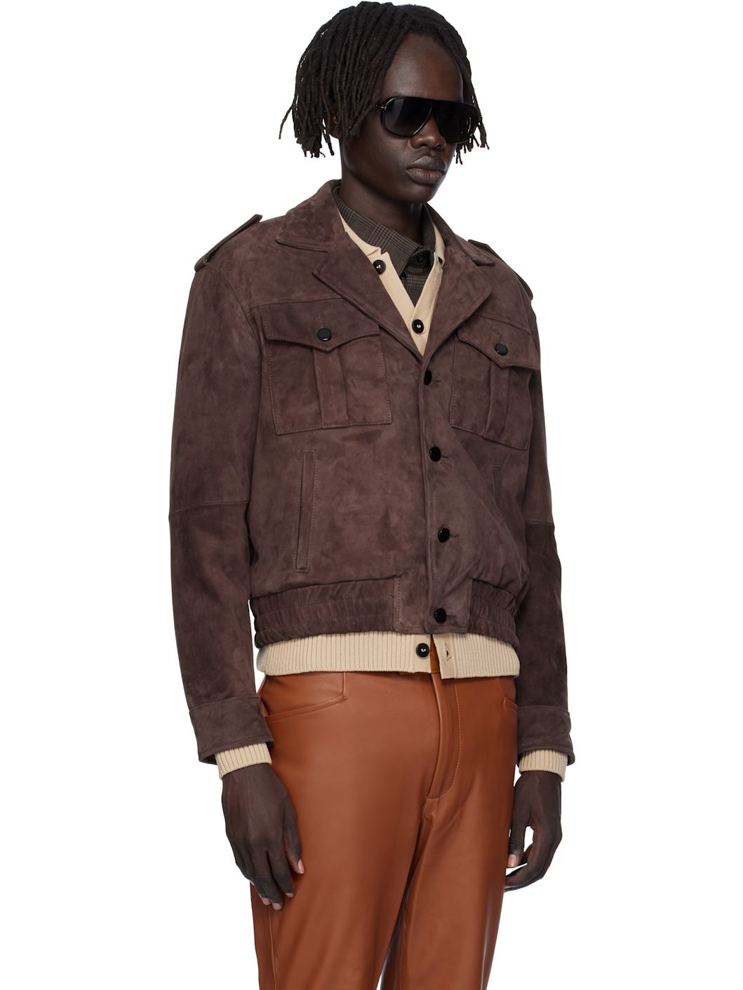 Brown Suede Military Bomber Jacket - 2