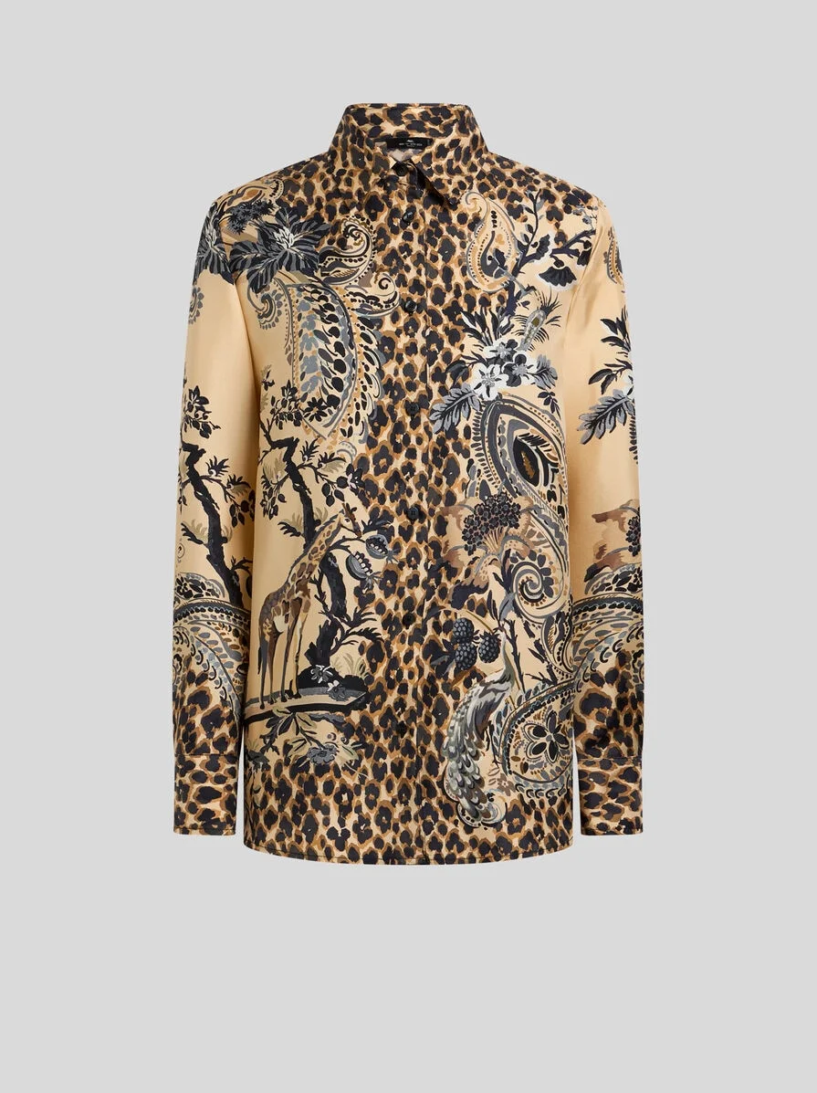 SILK SHIRT WITH PLACED LEOPARD PRINT - 1
