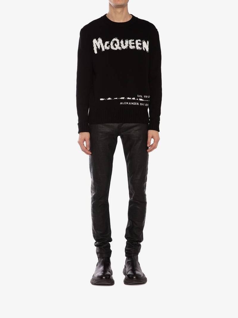 Alexander McQueen Men's McQueen Graffiti Crew Neck Sweater in Black outlook