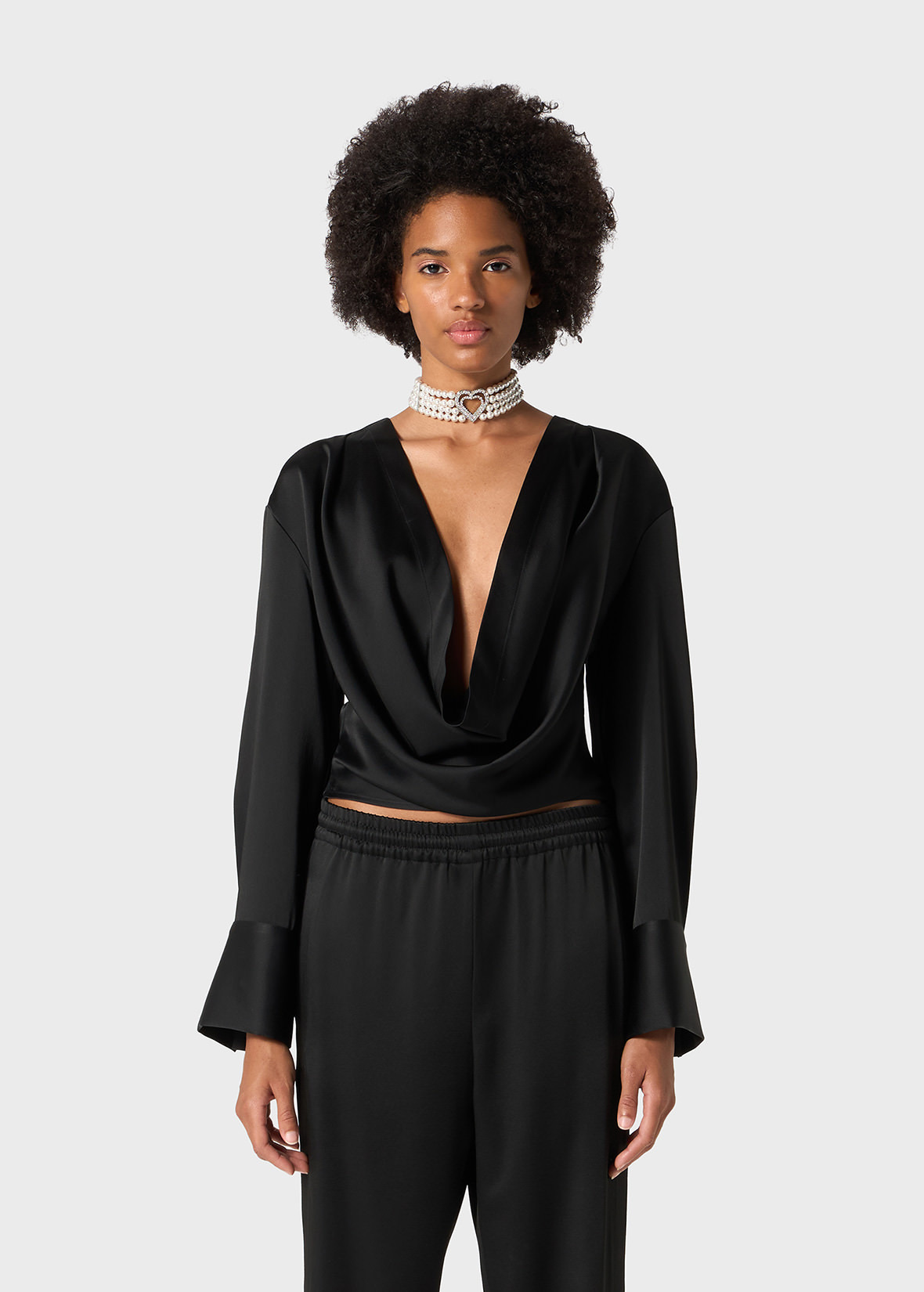 SATIN BLOUSE WITH DRAPED NECKLINE - 3