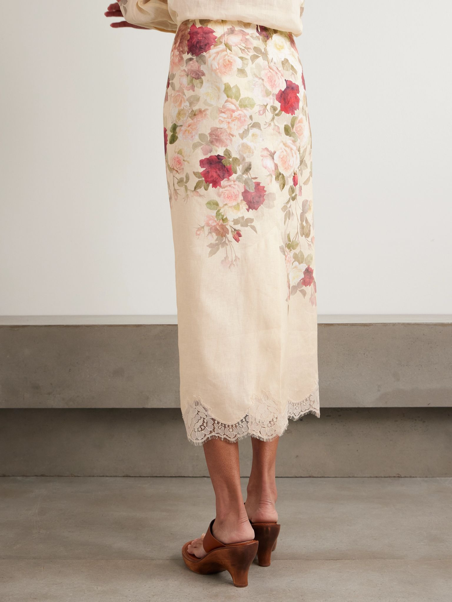 Lace-trimmed floral-print linen midi skirt Cream - 3