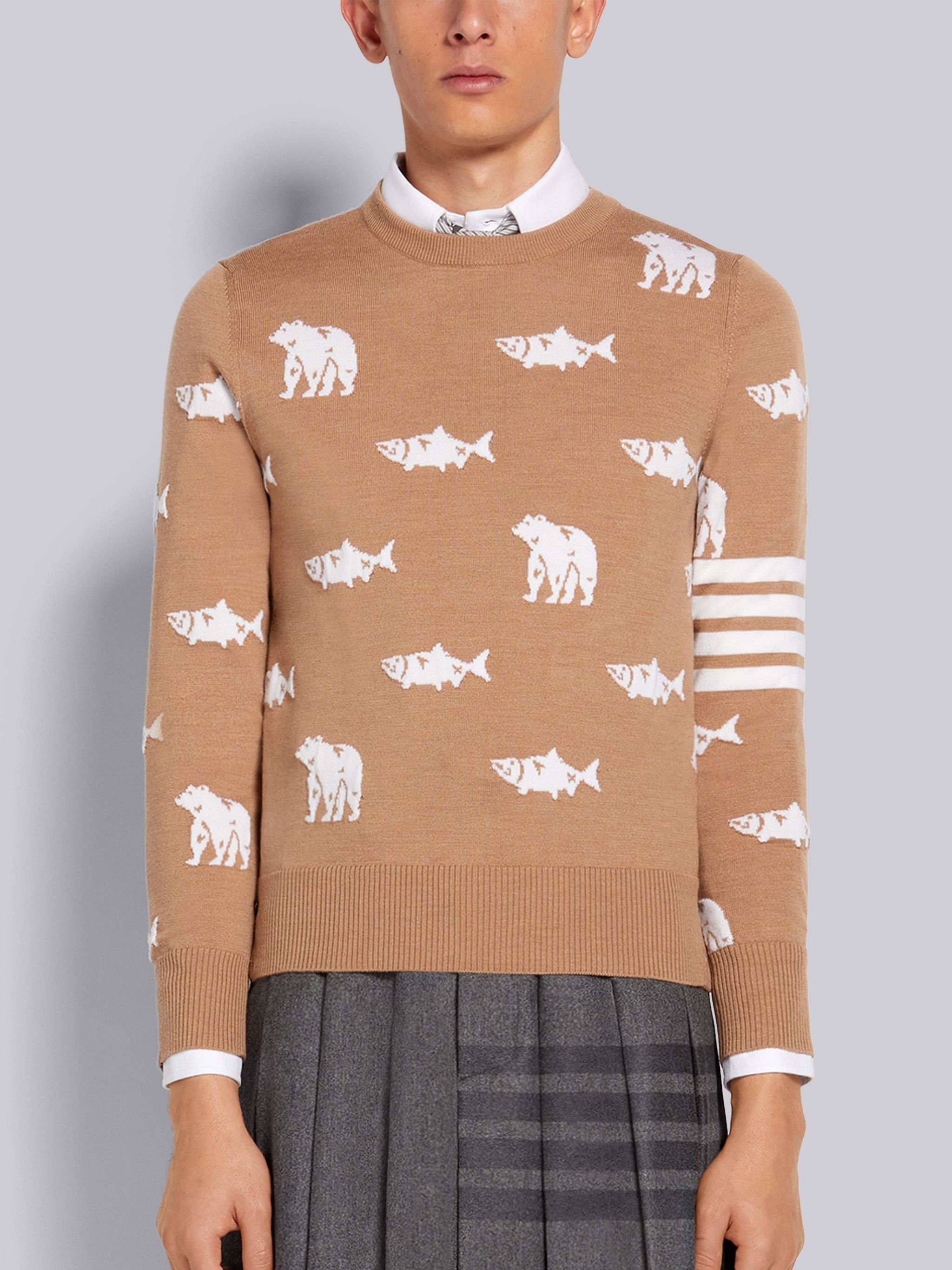 Camel Merino Wool Bear and Salmon Half Drop Intarsia 4-Bar Stripe Relaxed Fit Crew Neck Pullover - 1