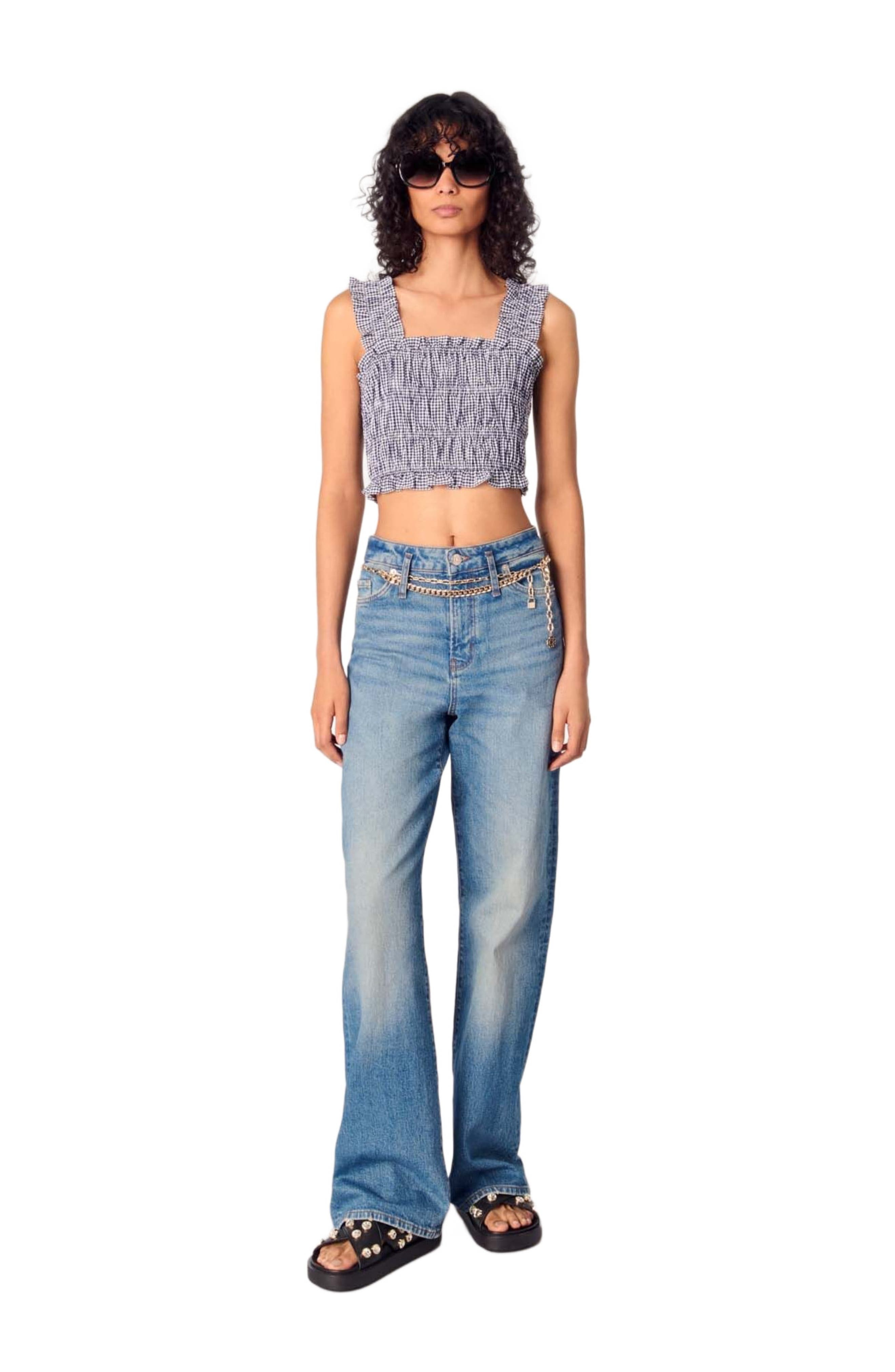 maje Gingham smocked crop top in Navy/white at Nordstrom - 1