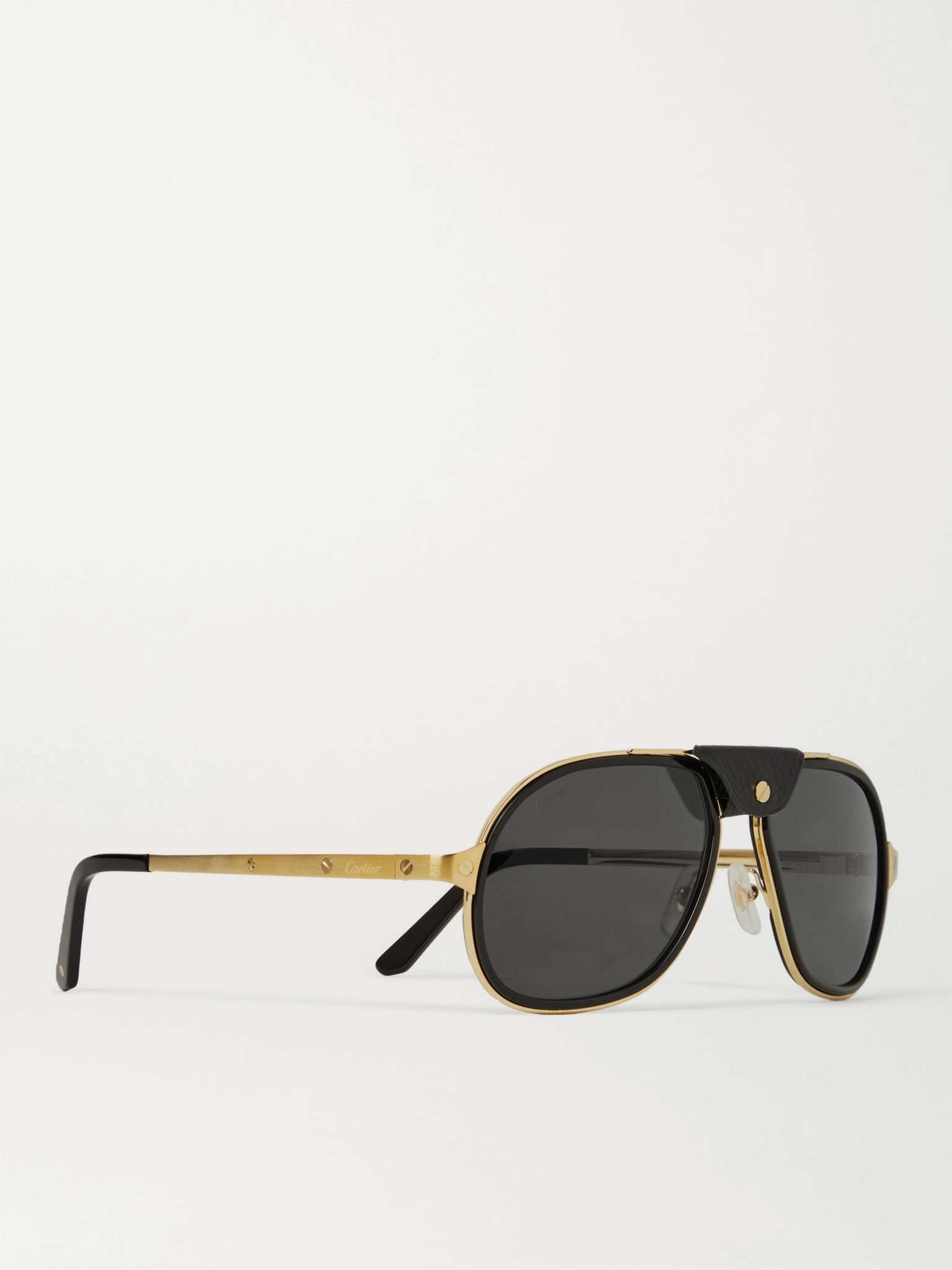 Aviator-Style Leather-Trimmed Gold-Tone and Acetate Sunglasses - 3