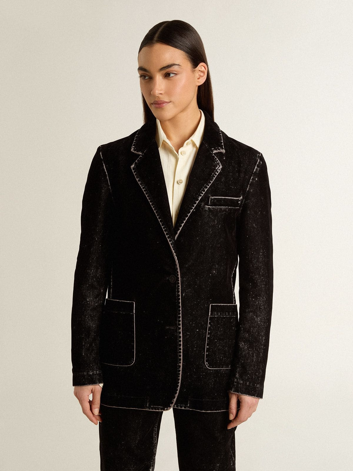 Women's black denim jacket with a velvet effect - 2