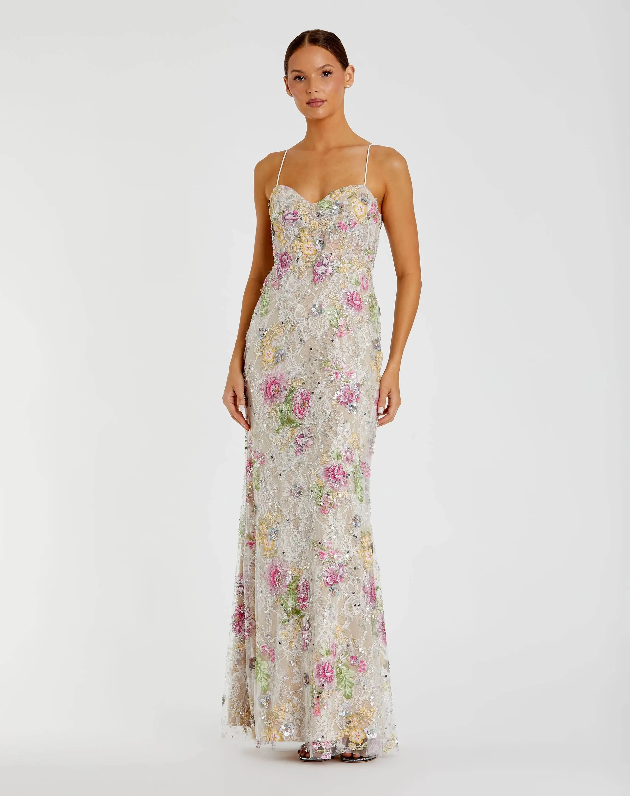 Ivory Embellished Bustier Floral Trumpet Gown - 1