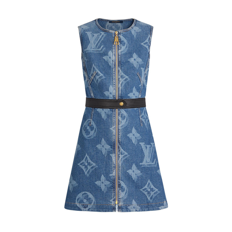Blurry Giant Monogram Belted A-Line Denim Dress - 1