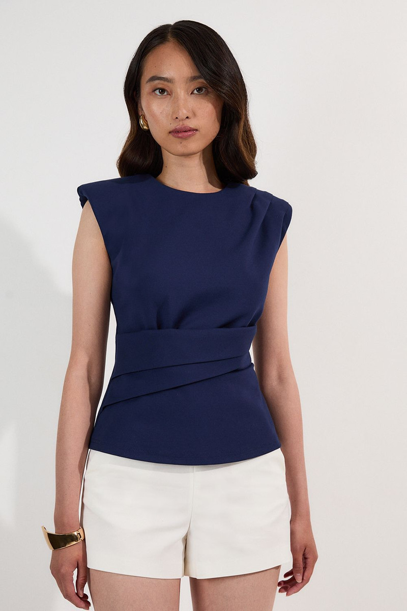 Ponte Ruched Waist Detail Round Neck Top 1