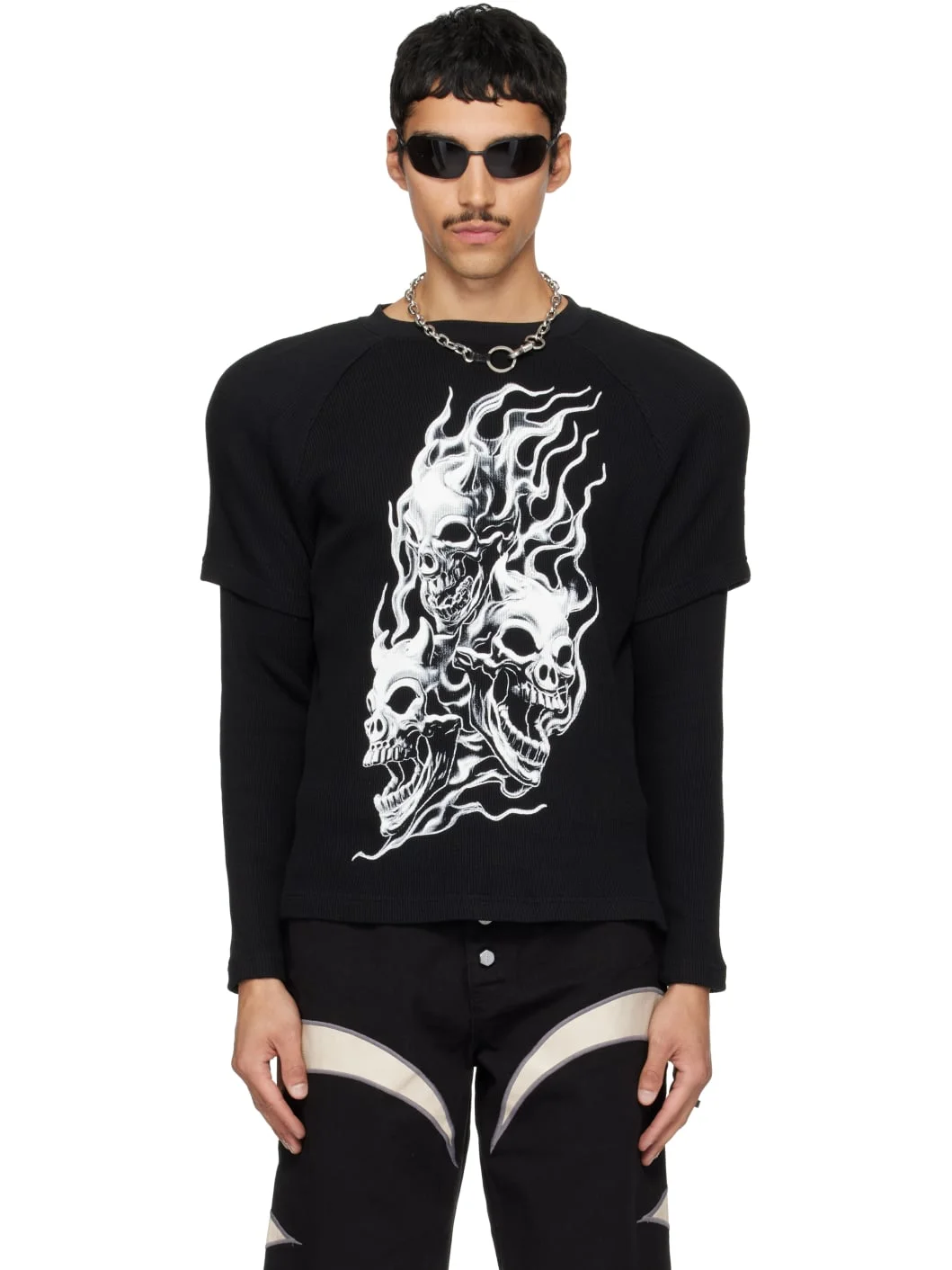 Black Bulk Shoulder Three Riding Skull Layered T-shirt - 1