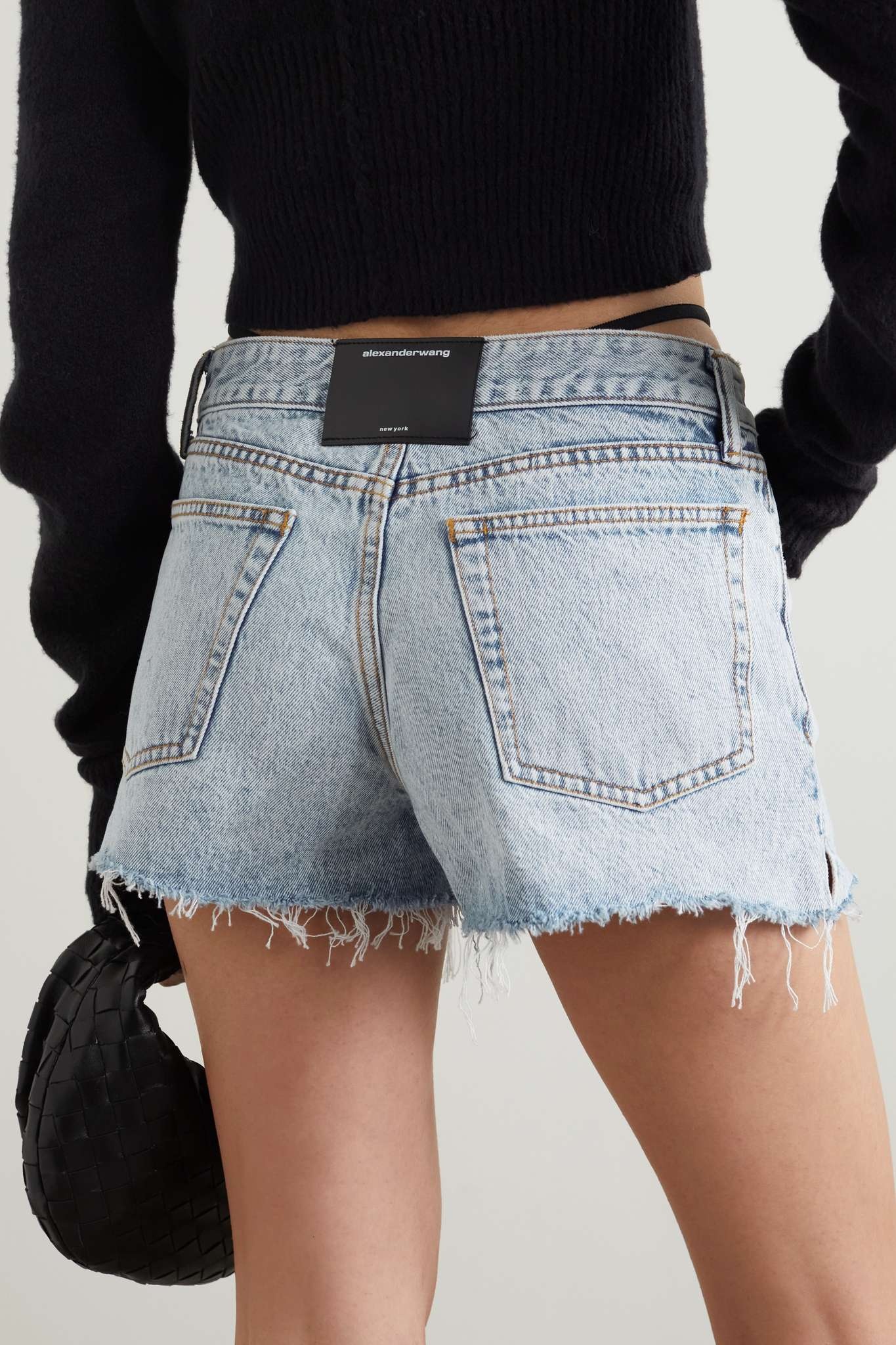 Crystal-embellished elastic-trimmed frayed denim shorts - 4