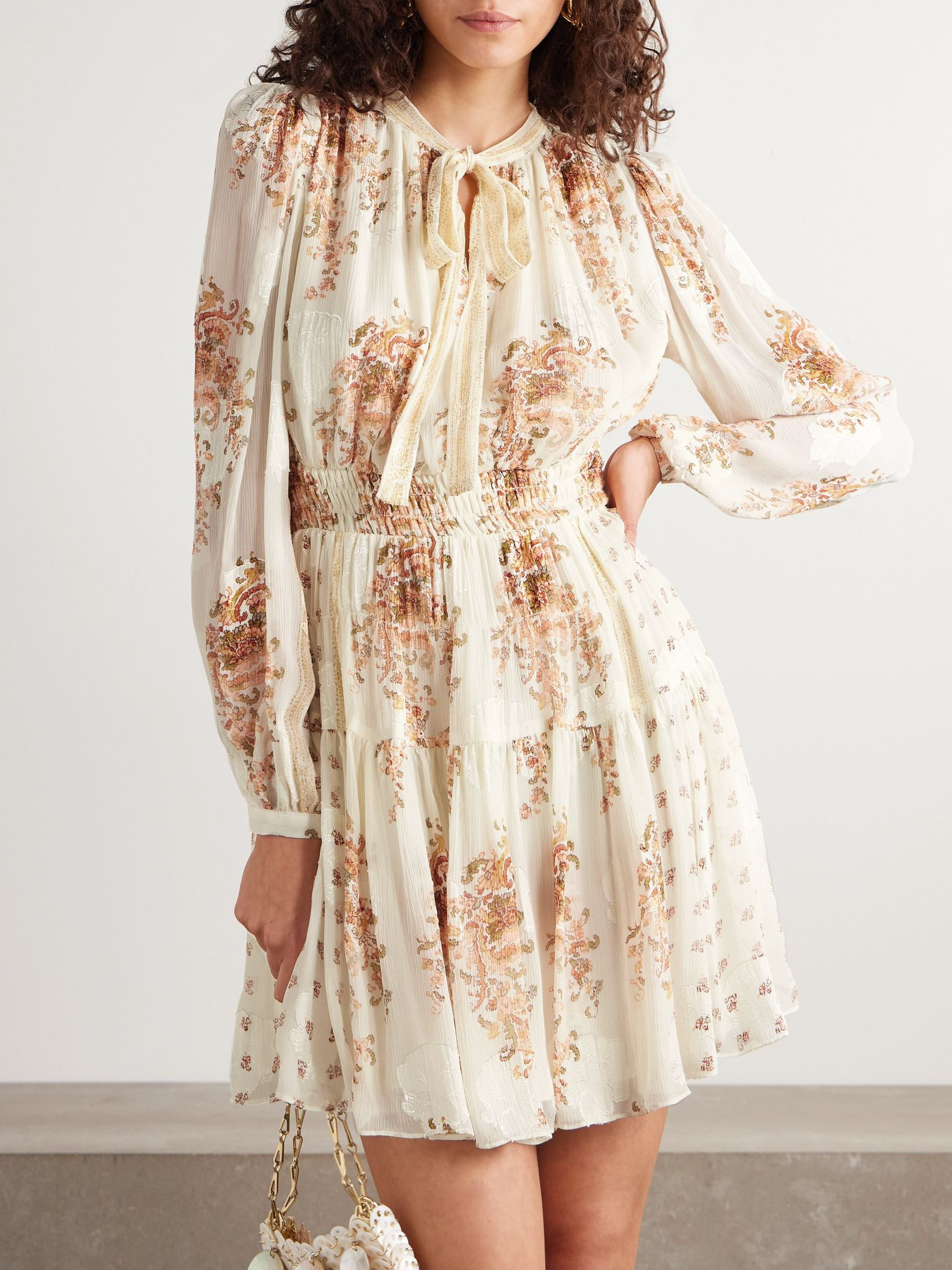 Maris tie-neck shirred gathered printed silk-blend crepon mini dress Cream - 3