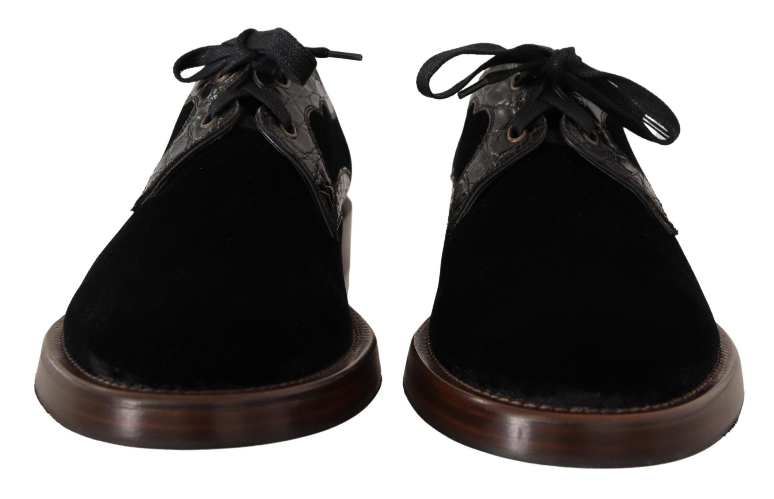 Dolce & Gabbana Black Velvet Exotic Leather Shoes - 7