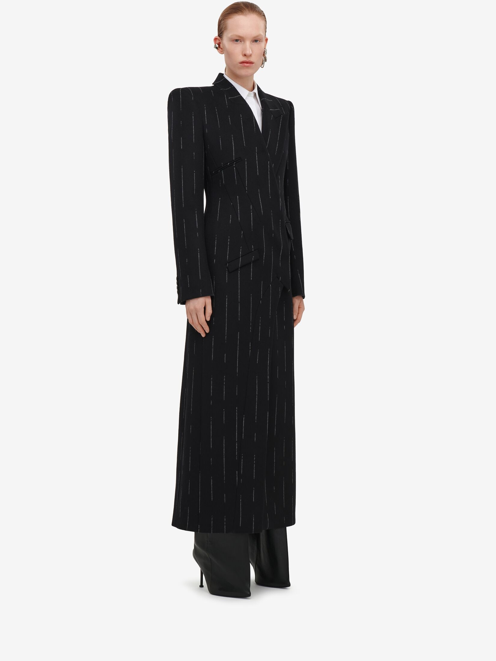 Women's Broken Pinstripe Tailored Coat in Black/ivory - 3