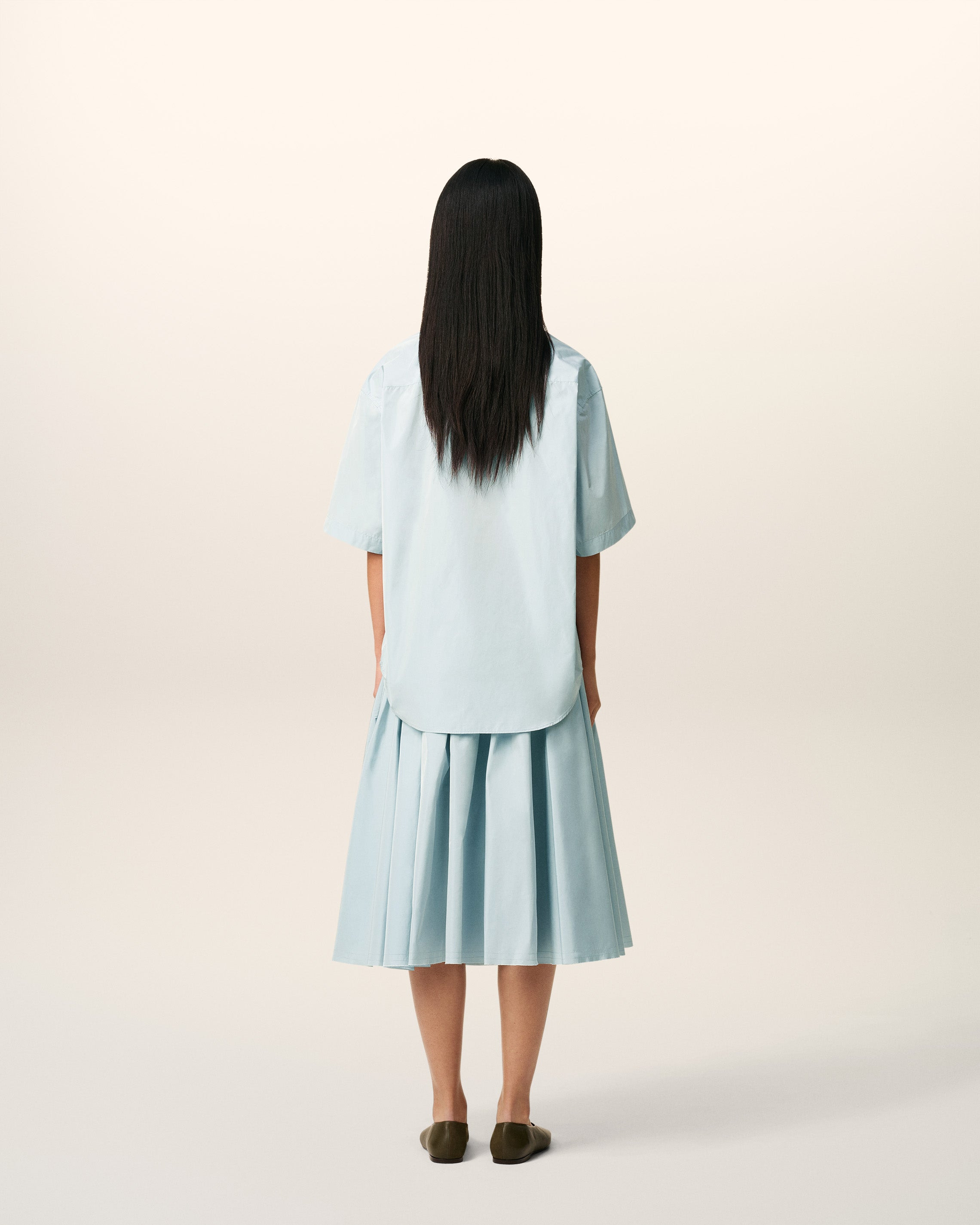 BLUE TAFFETAS SHORT SLEEVED BOXY SHIRT - 5