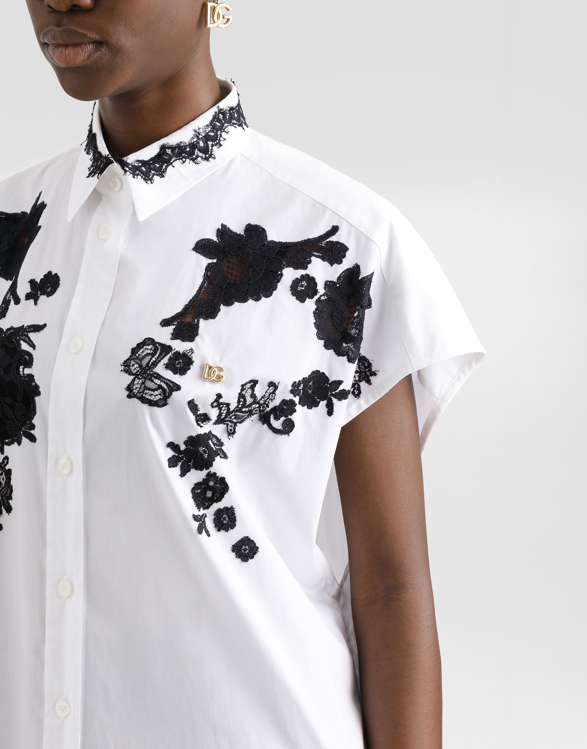 Oversize cotton poplin shirt with lace appliqués - 5