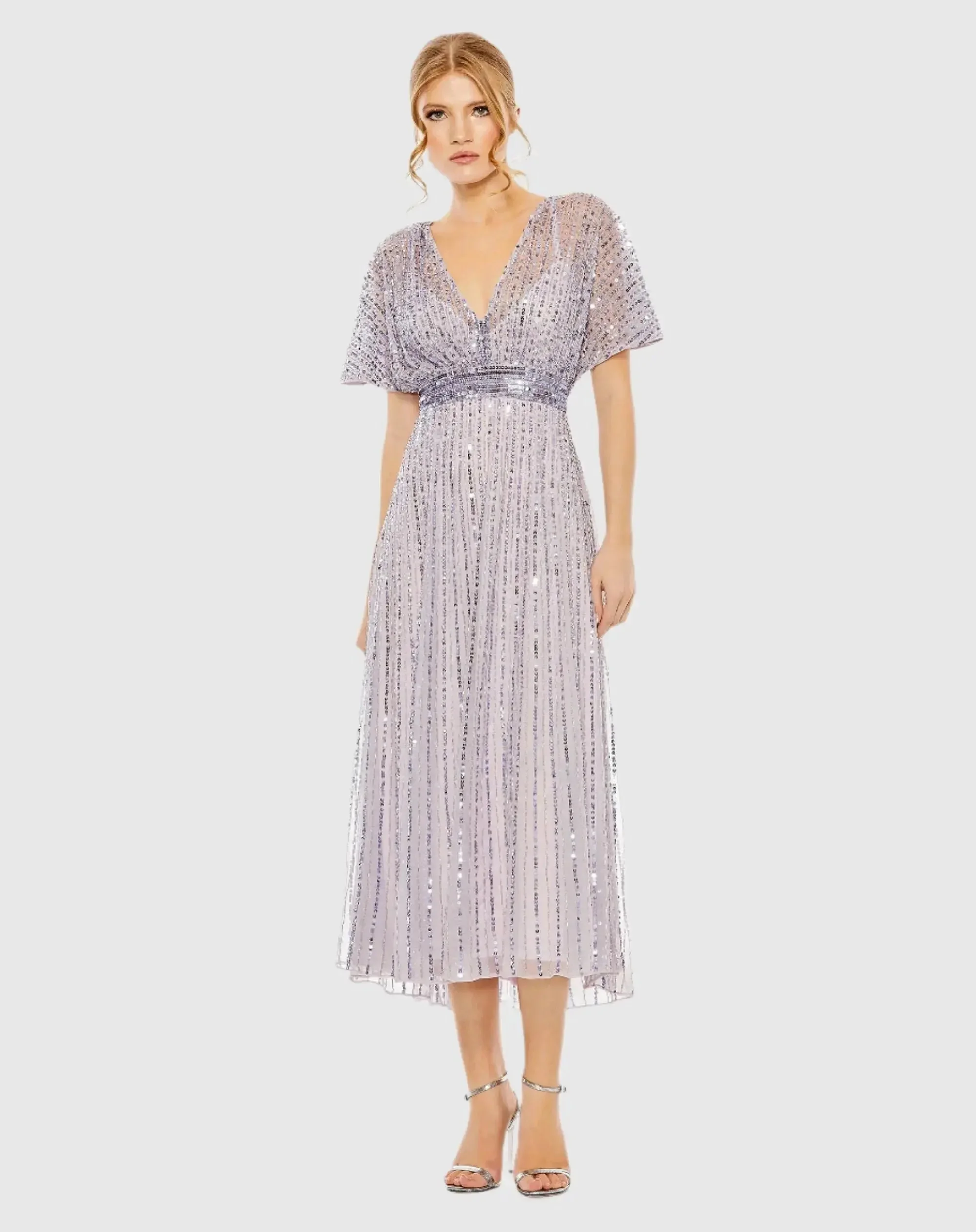 Purple Embellished Short Sleeve Empire Waist Dress - 1