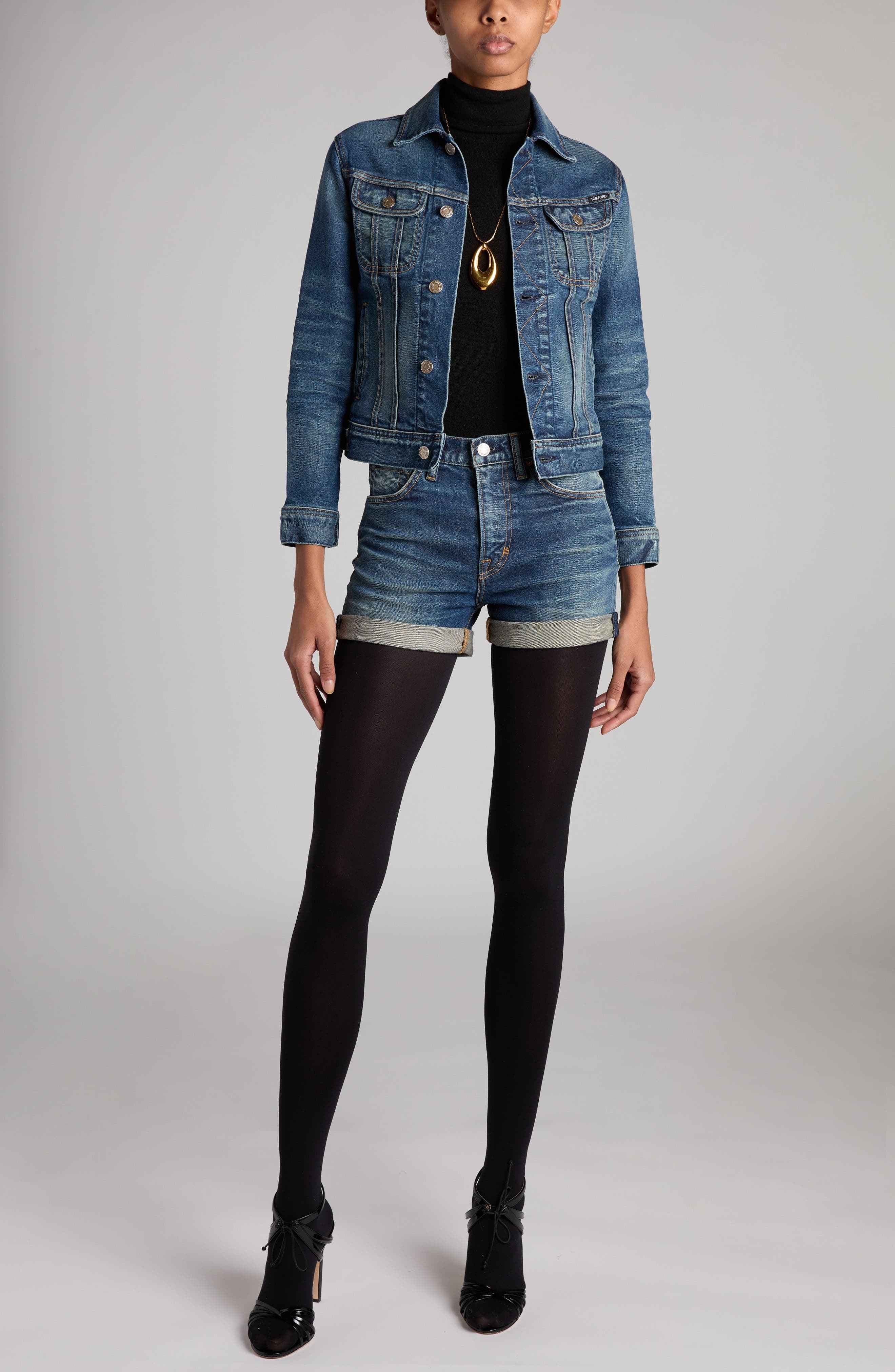 TOM FORD High Waist Rolled Hem Comfort Stone Washed Denim Shorts in Hb772 Mid Blue at Nordstrom - 2