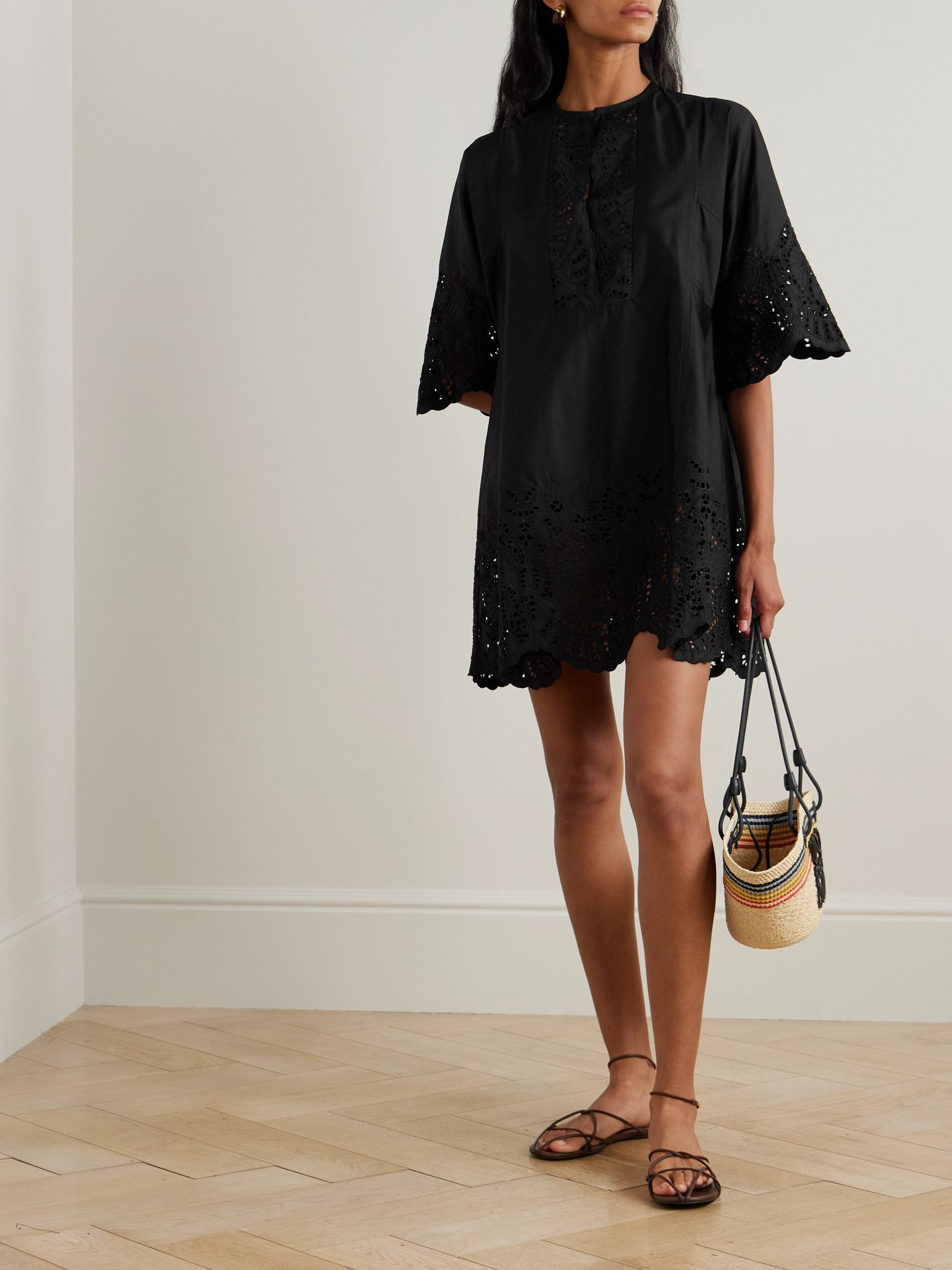 Rachel broderie anglaise cotton-poplin kaftan Black - 2