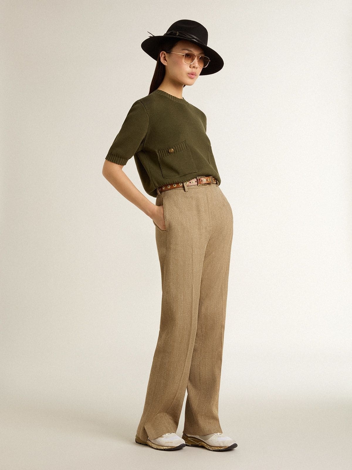 Women's short-sleeved sweater in military-green cotton - 3