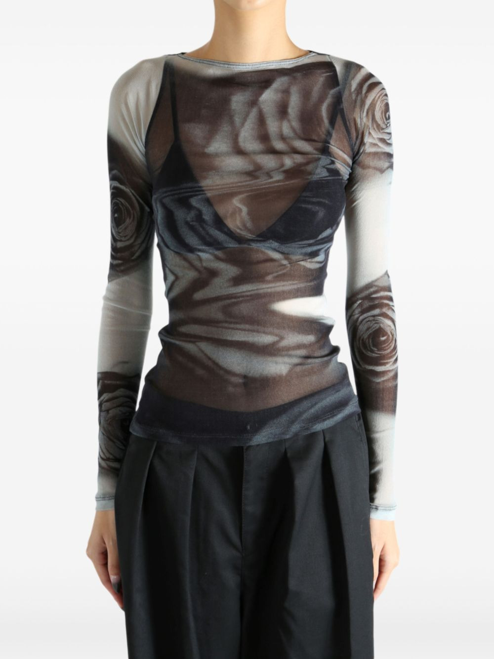 rose-print mesh top - 2