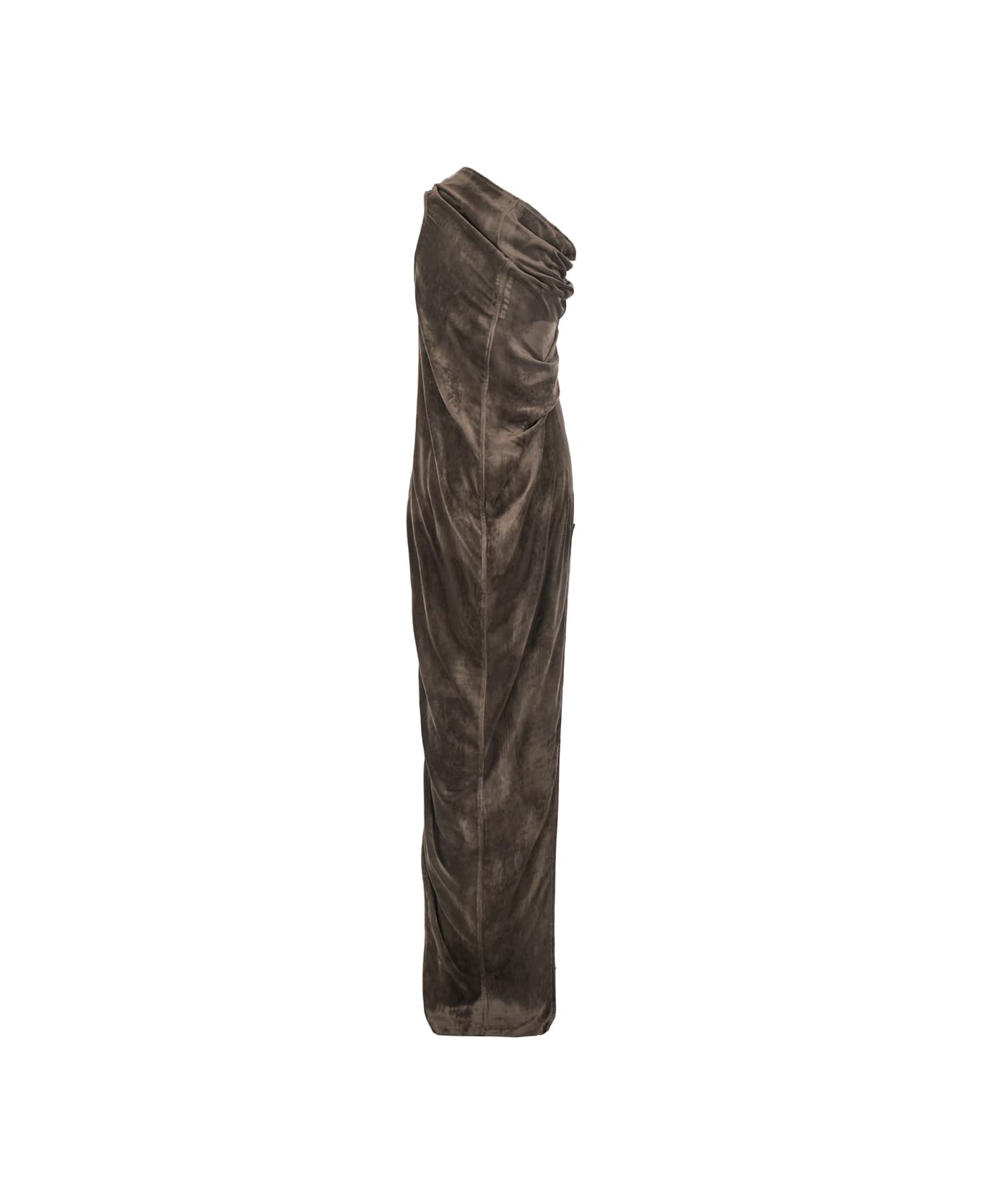 'athena Arrowhead' Brown Asymmetric Long Dress With Ruched Neckline And Side Single Slit In Viscose  - 2
