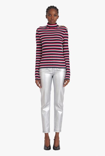 Navy blue and red nautical turtleneck sweater with gold-tone buttons - 4