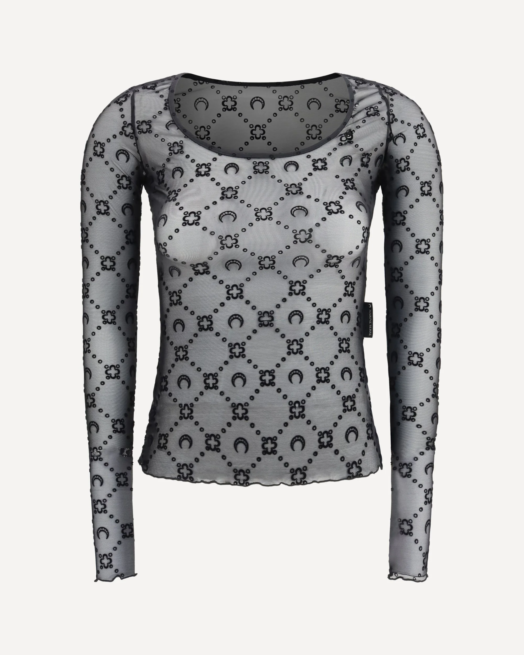Moonogram Mesh Flock Long Sleeves Roundneck Top - 1