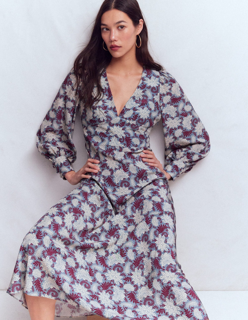V-neck Blouson Sleeve Dress-Multi Blooming Flora 5
