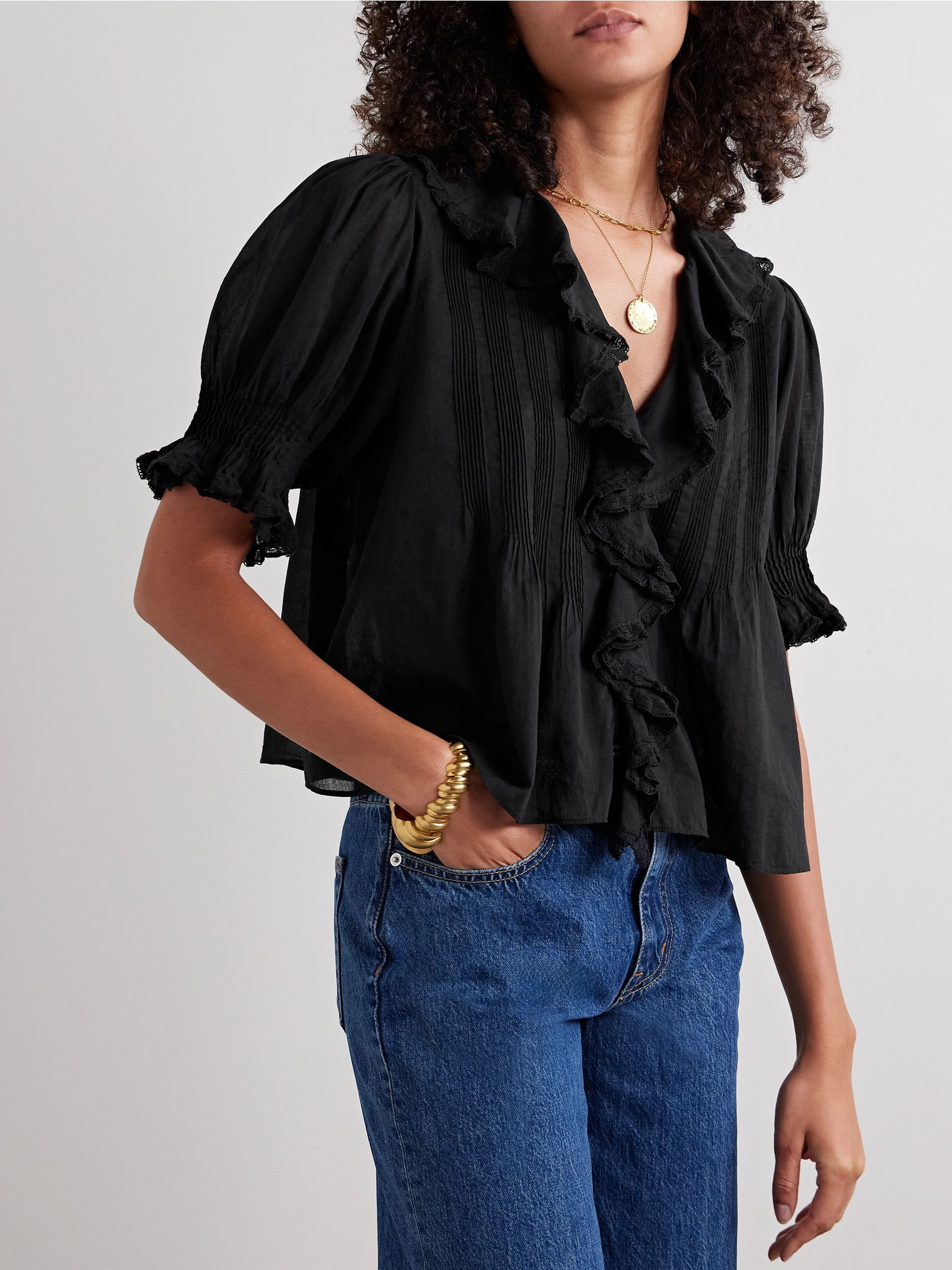 Henri ruffled pintucked organic cotton-voile top Black - 3