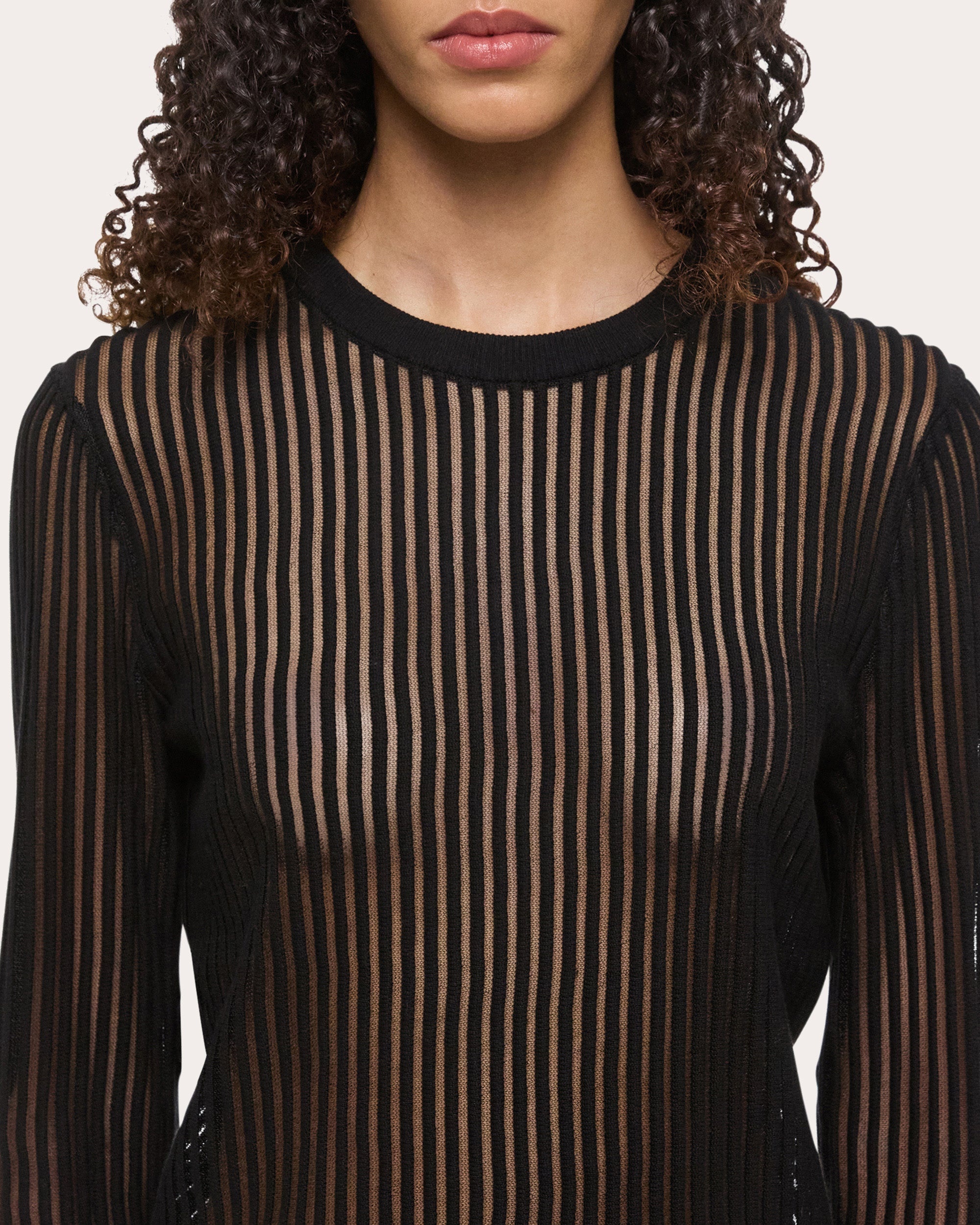 Sheer Stripe Ribbed Cotton Crewneck Sweater - 3