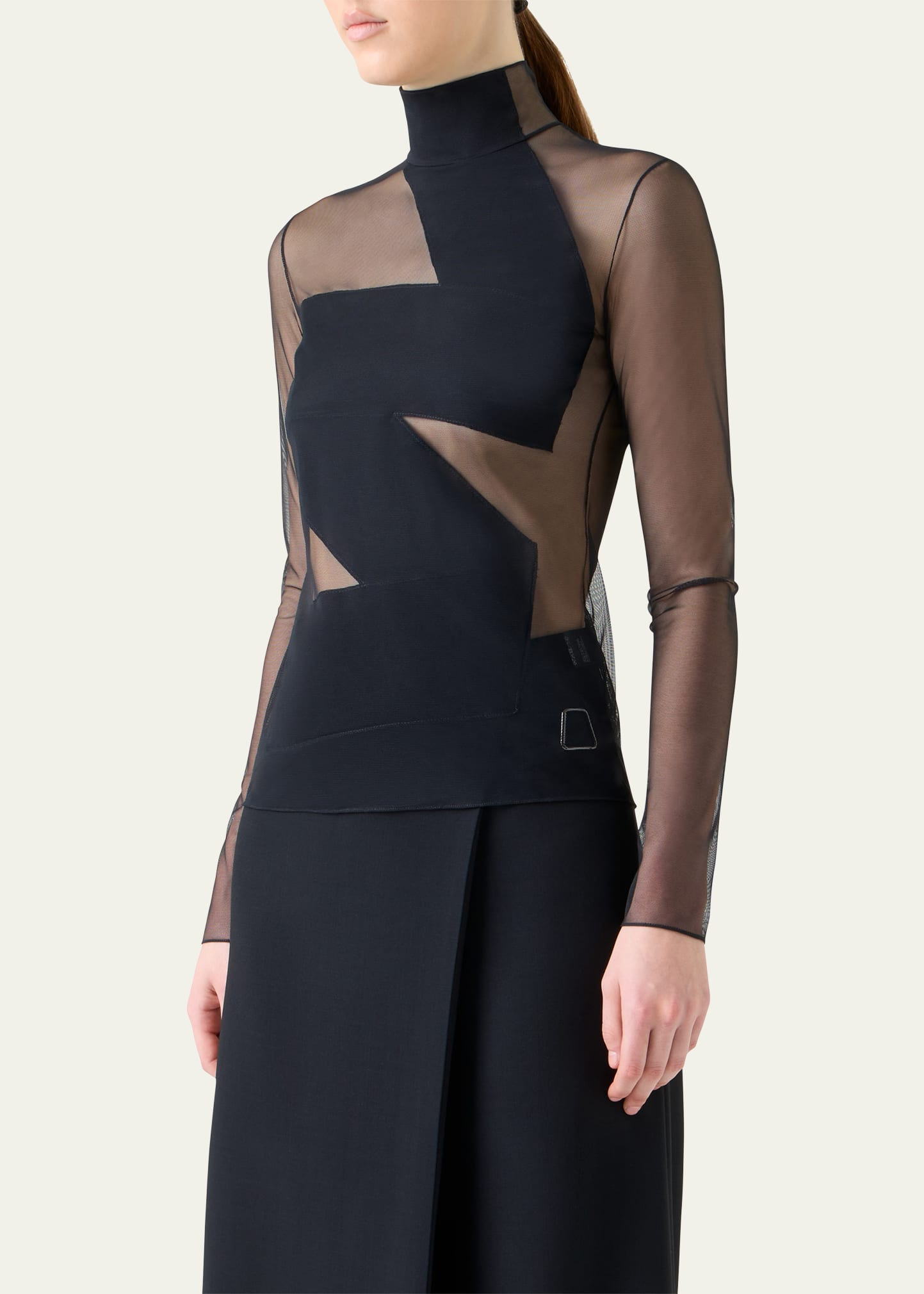 Mock-Neck Zigzag Tulle Long-Sleeve Top - 4