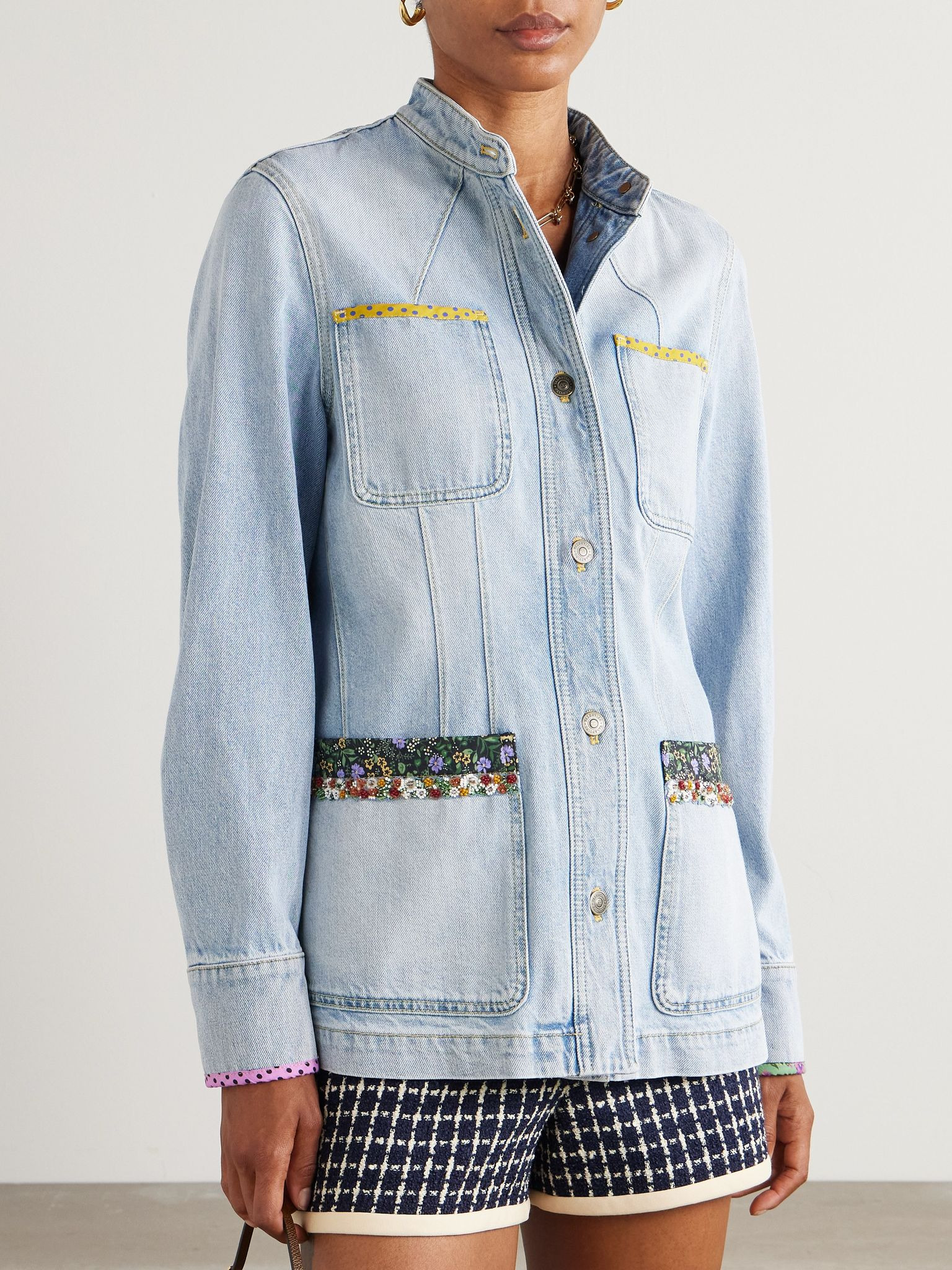 Embellished printed chiffon-trimmed denim jacket Light denim - 3