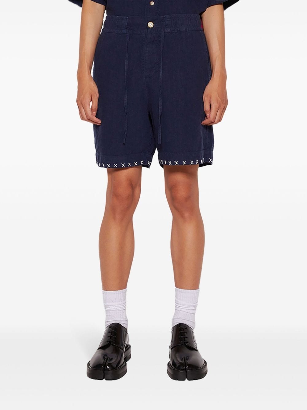 contrasting-stitch linen shorts - 3
