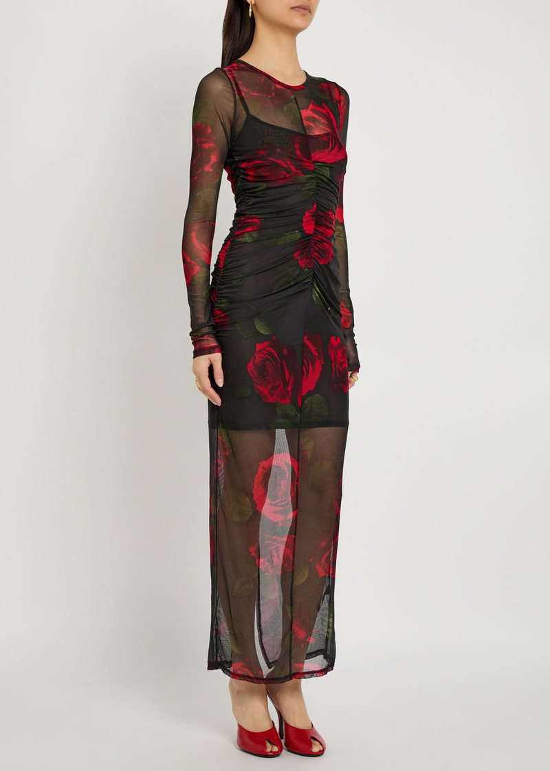 GOOD AMERICAN Good American Floral-print Ruched Mesh Maxi Dress outlook