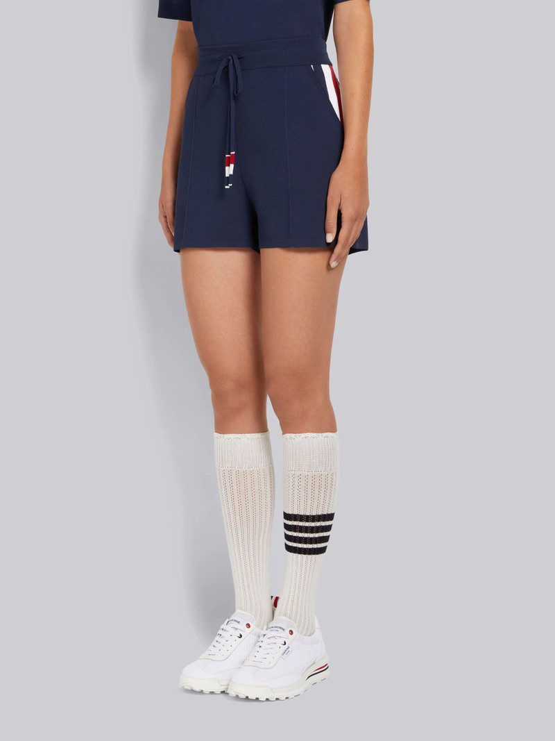 Thom Browne Navy Stretch Viscose Intarsia Side Stripe Pintuck Mid-thigh Shorts outlook