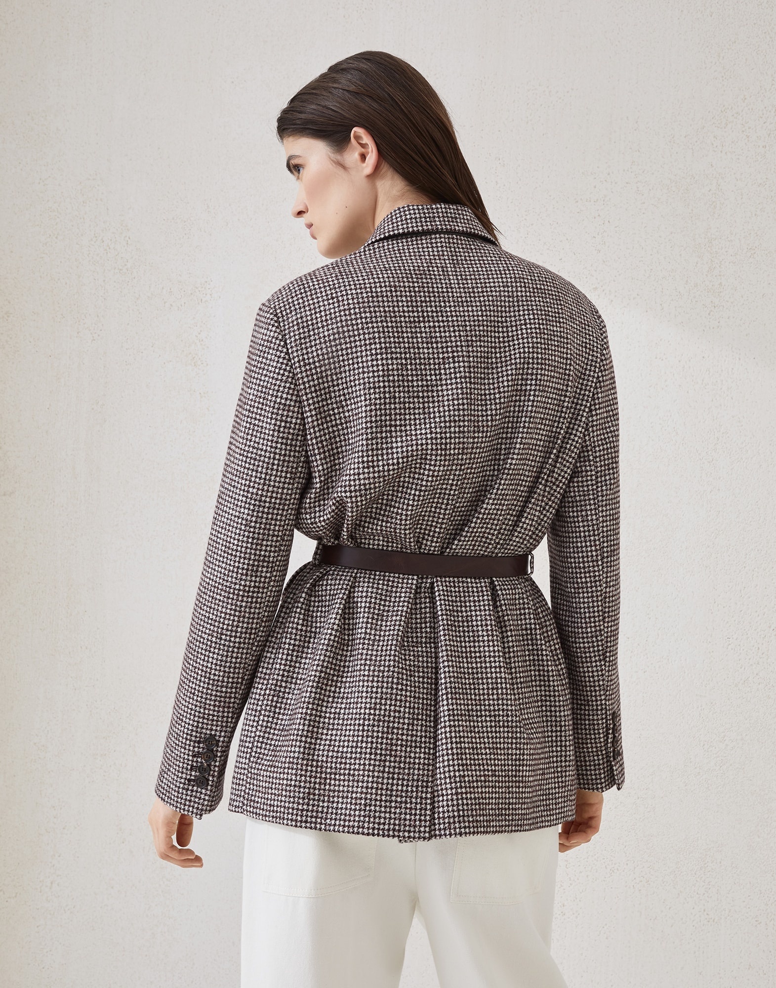 Wool and alpaca houndstooth blazer with leather belt and monili - 2