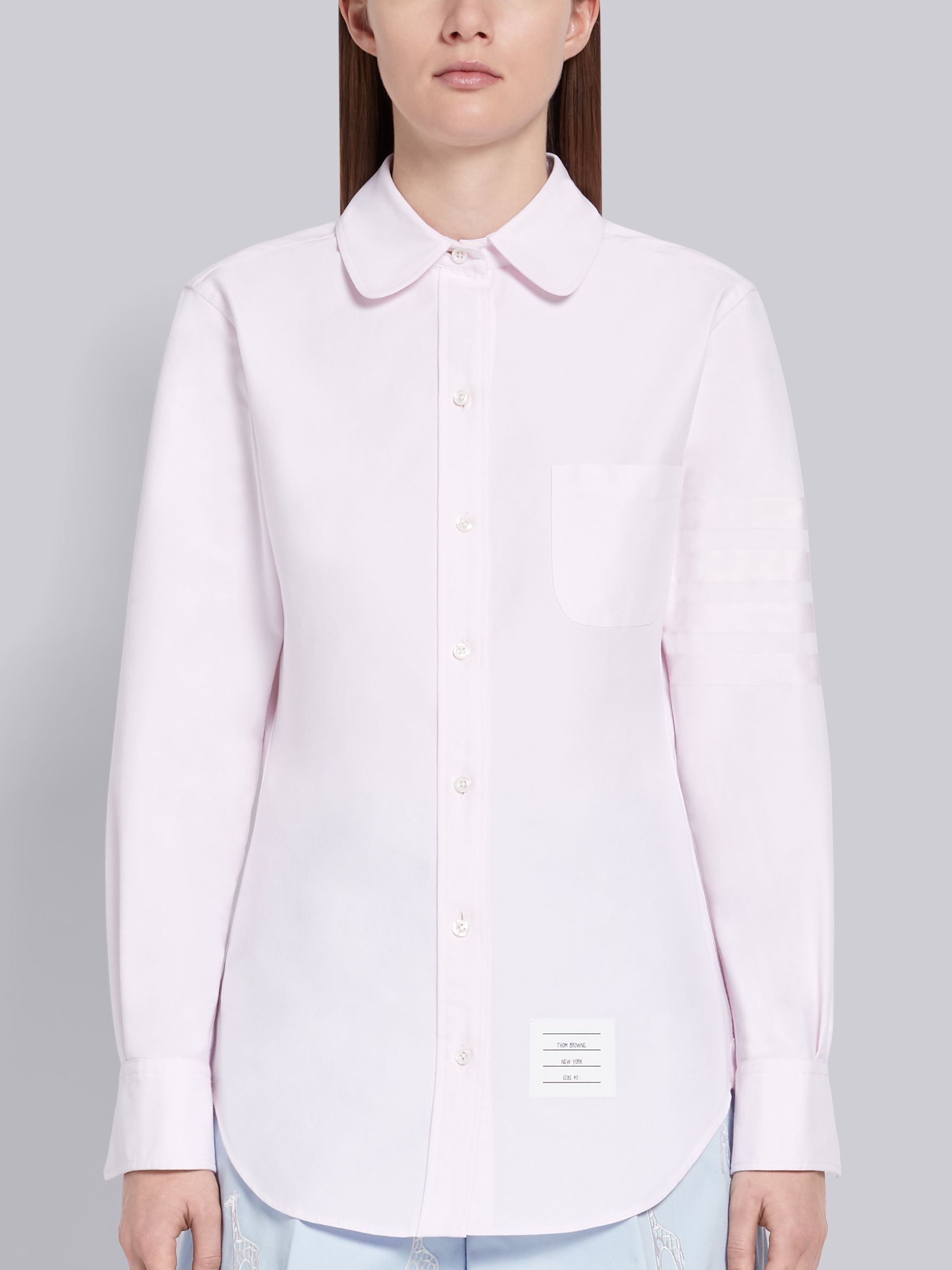 Light Pink Supima Cotton Oxford Satin Weave 4-Bar Long Sleeve Round Collar Shirt - 3