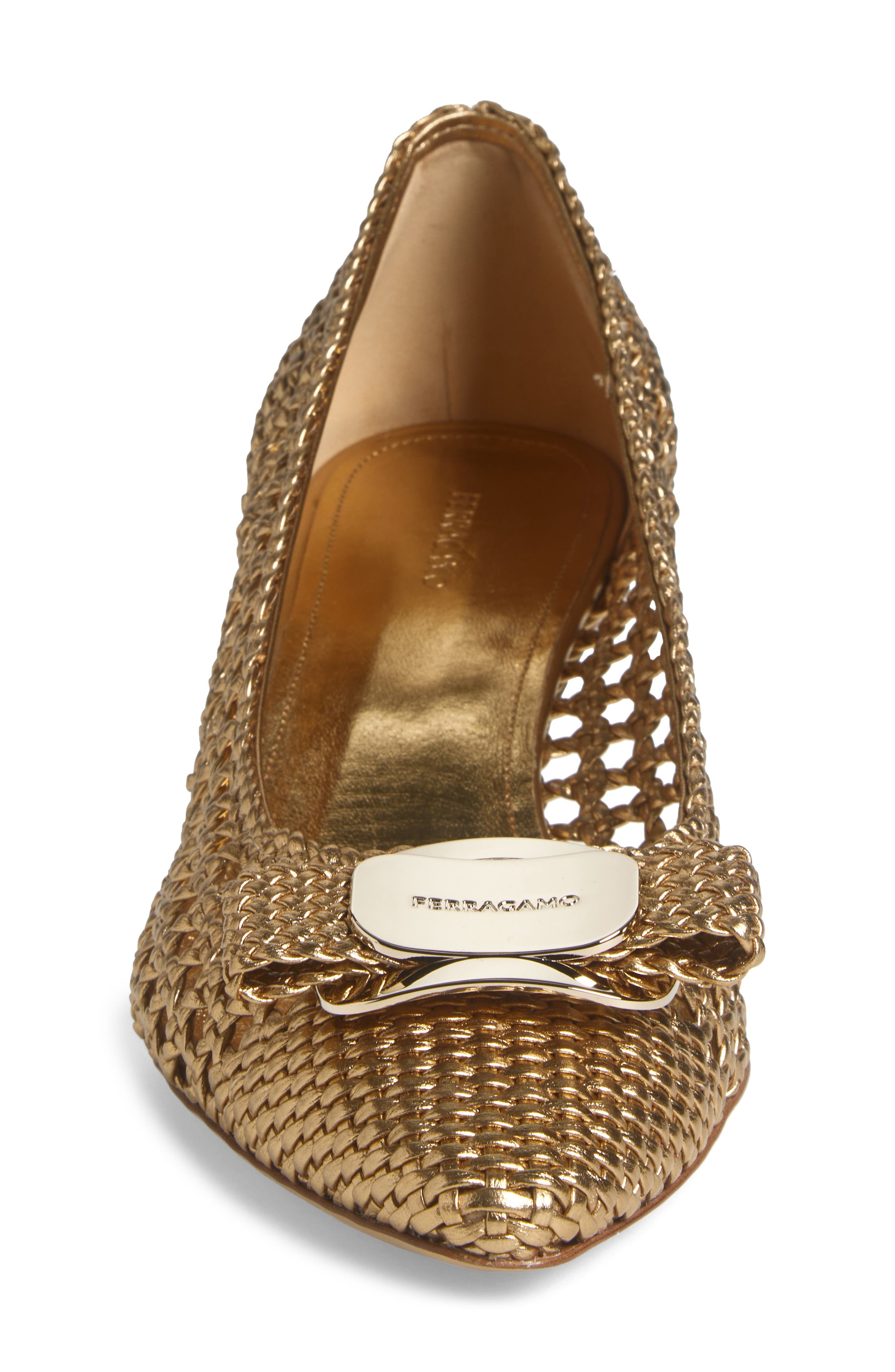 FERRAGAMO Zelma Bow Woven Pointed Toe Kitten Heel Pump in Gold Lux at Nordstrom - 4