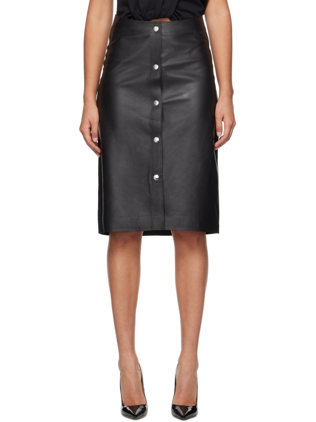 Black Press-Stud Leather Midi Skirt - 1