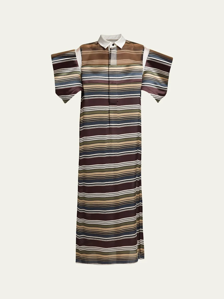 Striped Satin Flutter-Sleeve Midi Shirtdress - 1