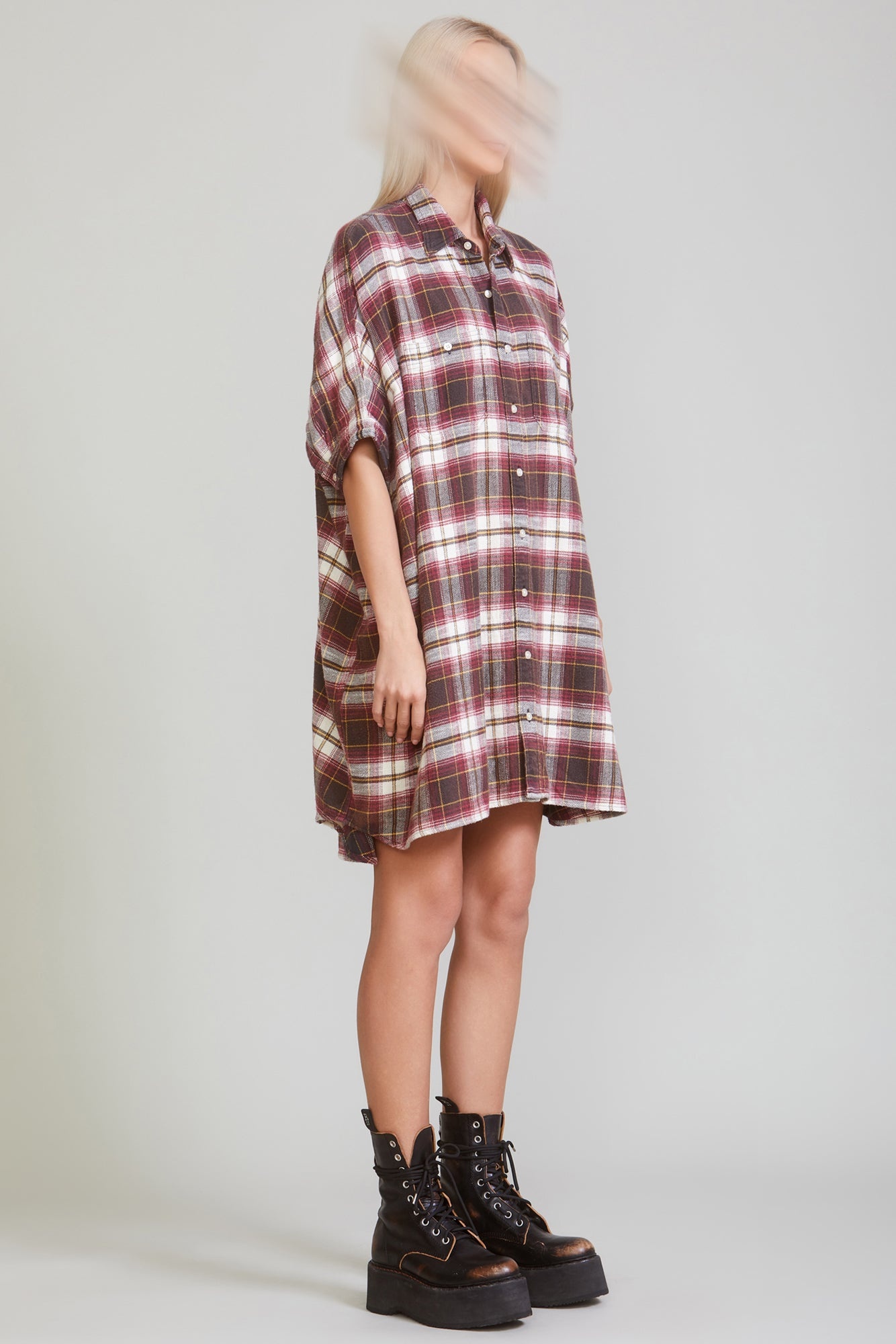 PLAID OVERSIZED BOXY SHIRTDRESS - ECRU/MAROON PLAID - 3