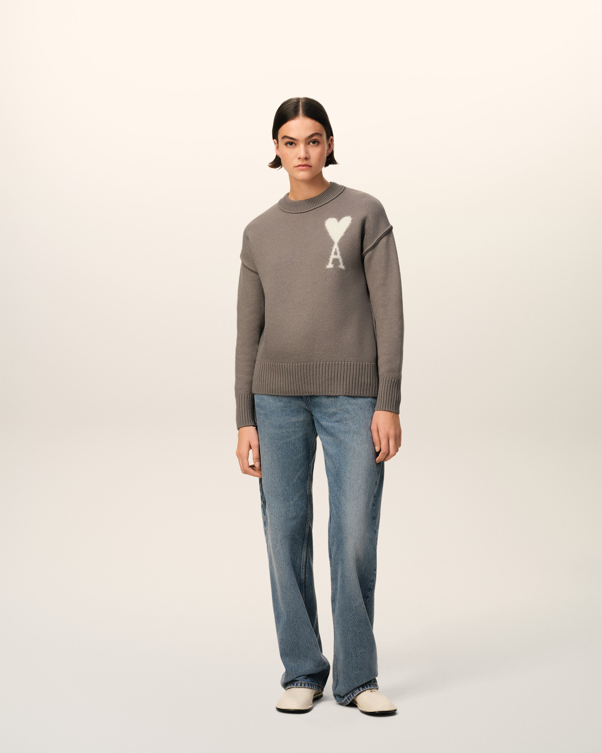 AMI Paris TAUPE WOOL AMI DE COEUR SWEATER | REVERSIBLE