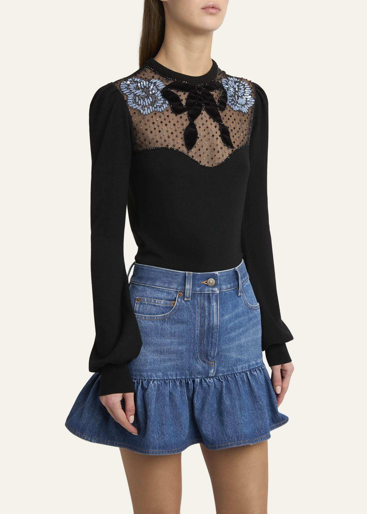 Beaded Floral Sheer Bust Wool Sweater - 4